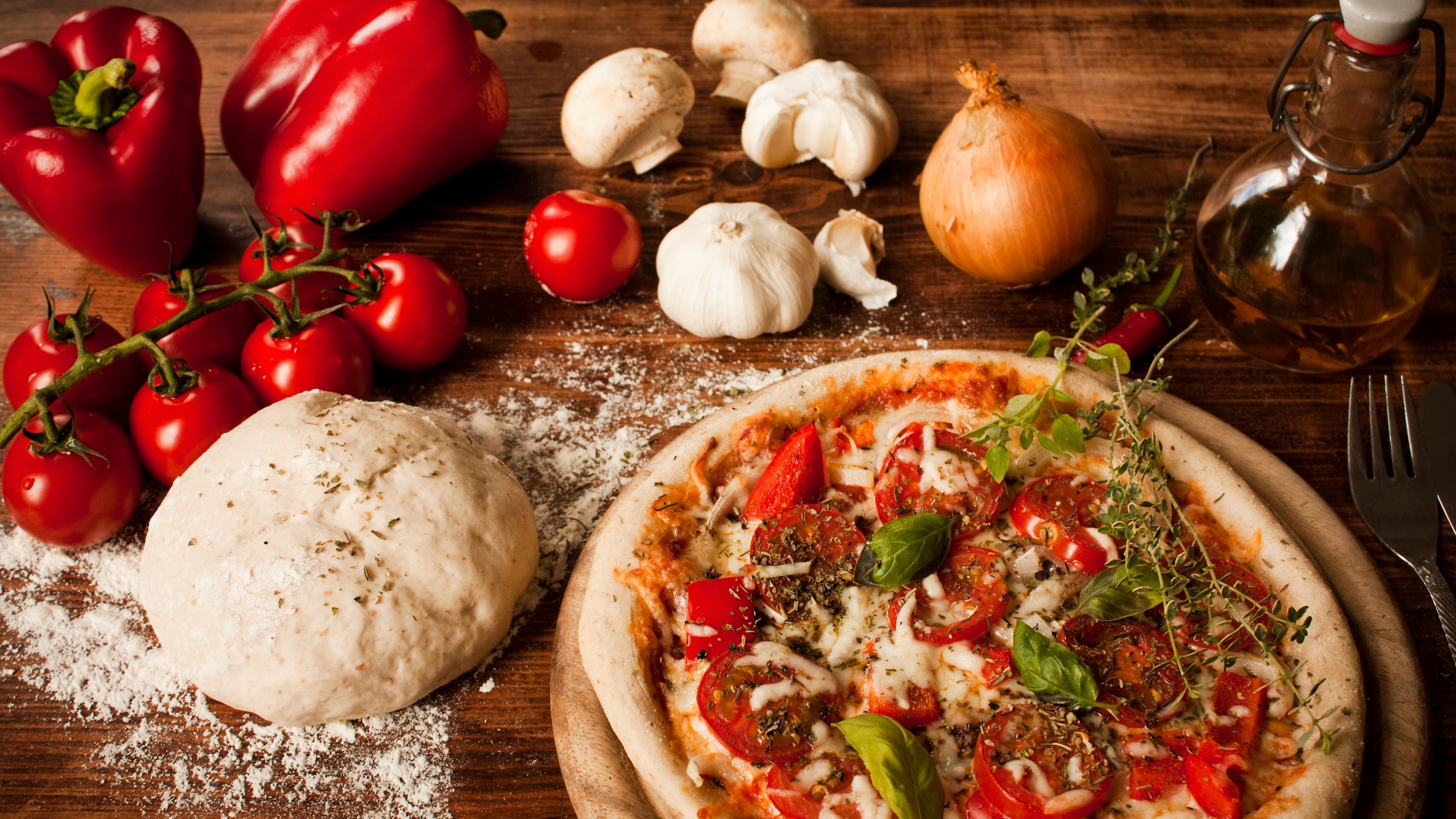 Pizza Food Vegetables Onion Flour Tomatoes Wooden Surface 3840x2160