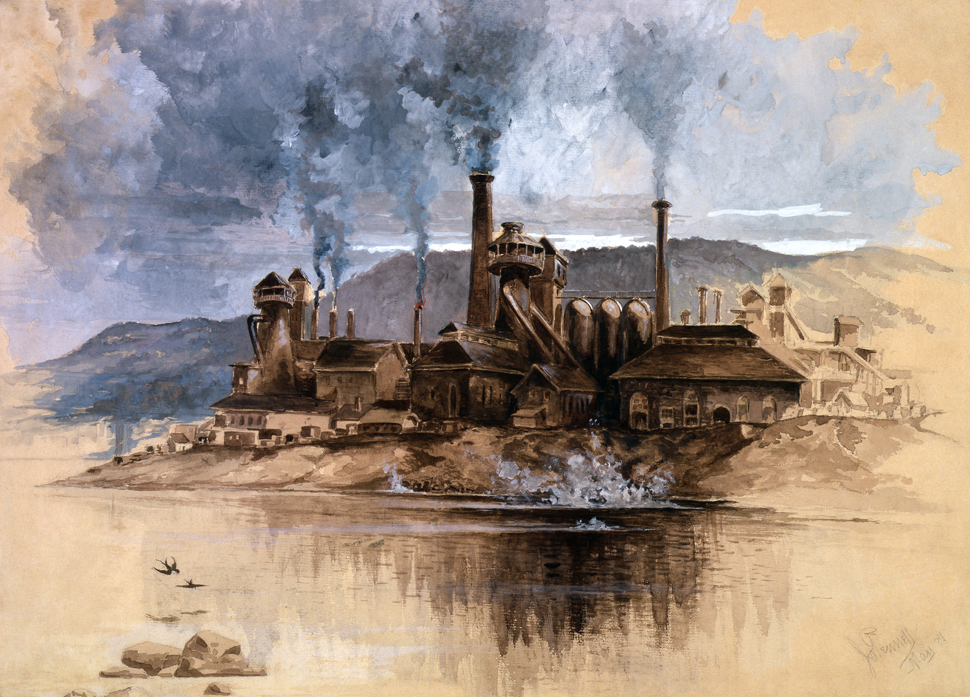 Architecture Building Painting Artwork Factories Chimneys Smoke Mountains Clouds Water Hills Reflect 3126x2248