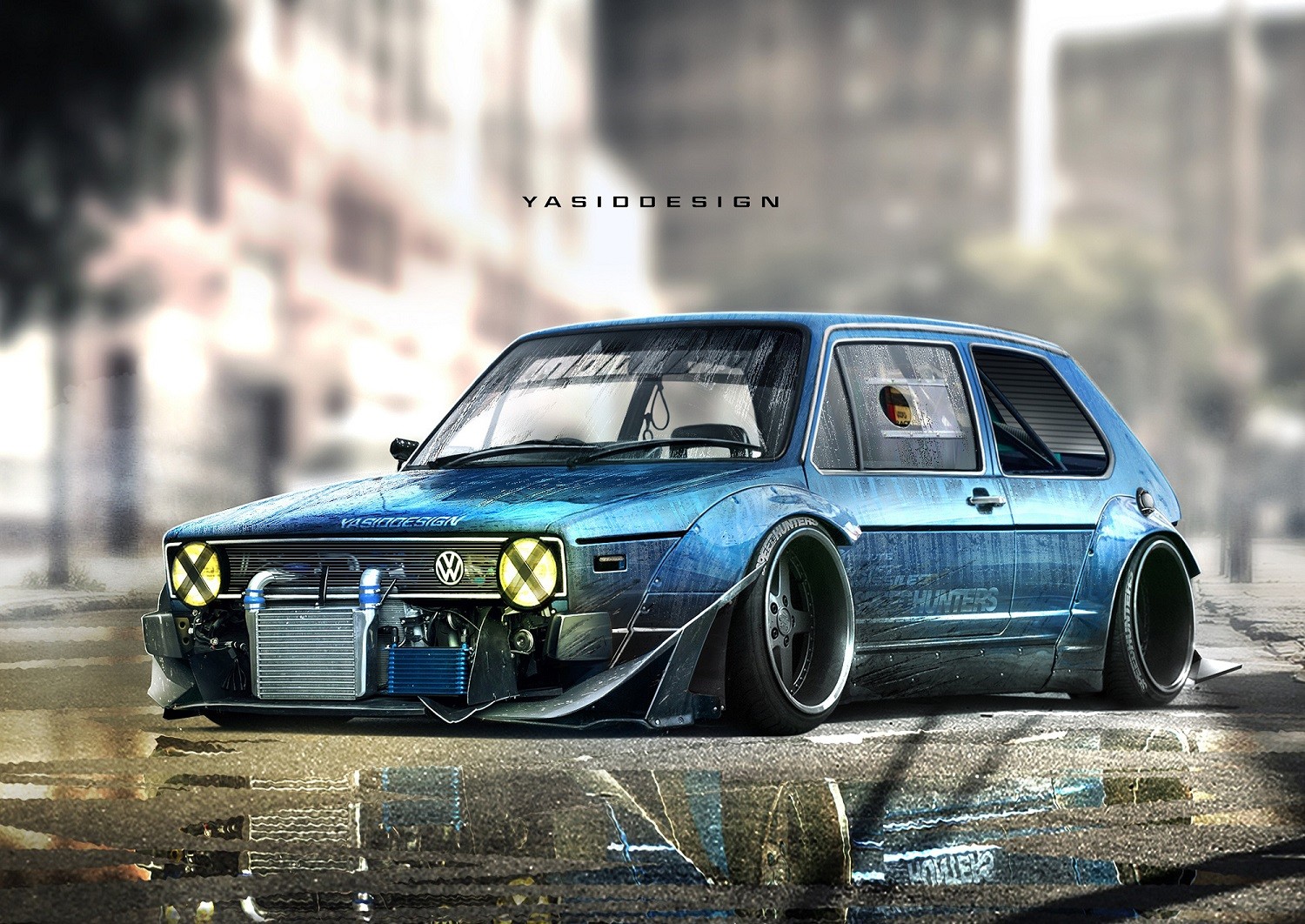 YASiDDESiGN Car Render Artwork Volkswagen Golf Volkswagen Golf Mk1 Yellow Headlights Taped Headlight 1500x1062