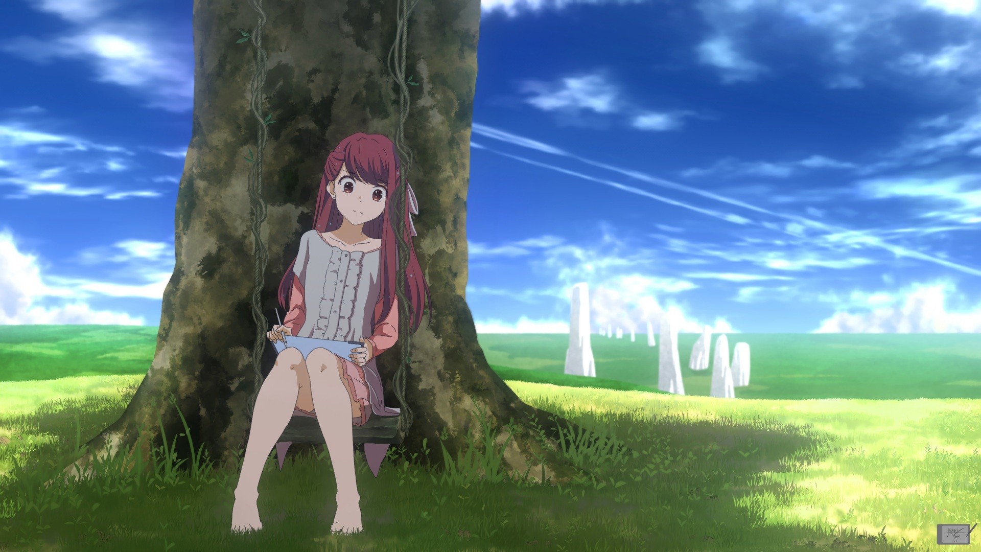 Clouds Dress Barefoot Grass Trees Shelter Video Rin Shelter Pink Hair White Dress Tablet Swing 1920x1080