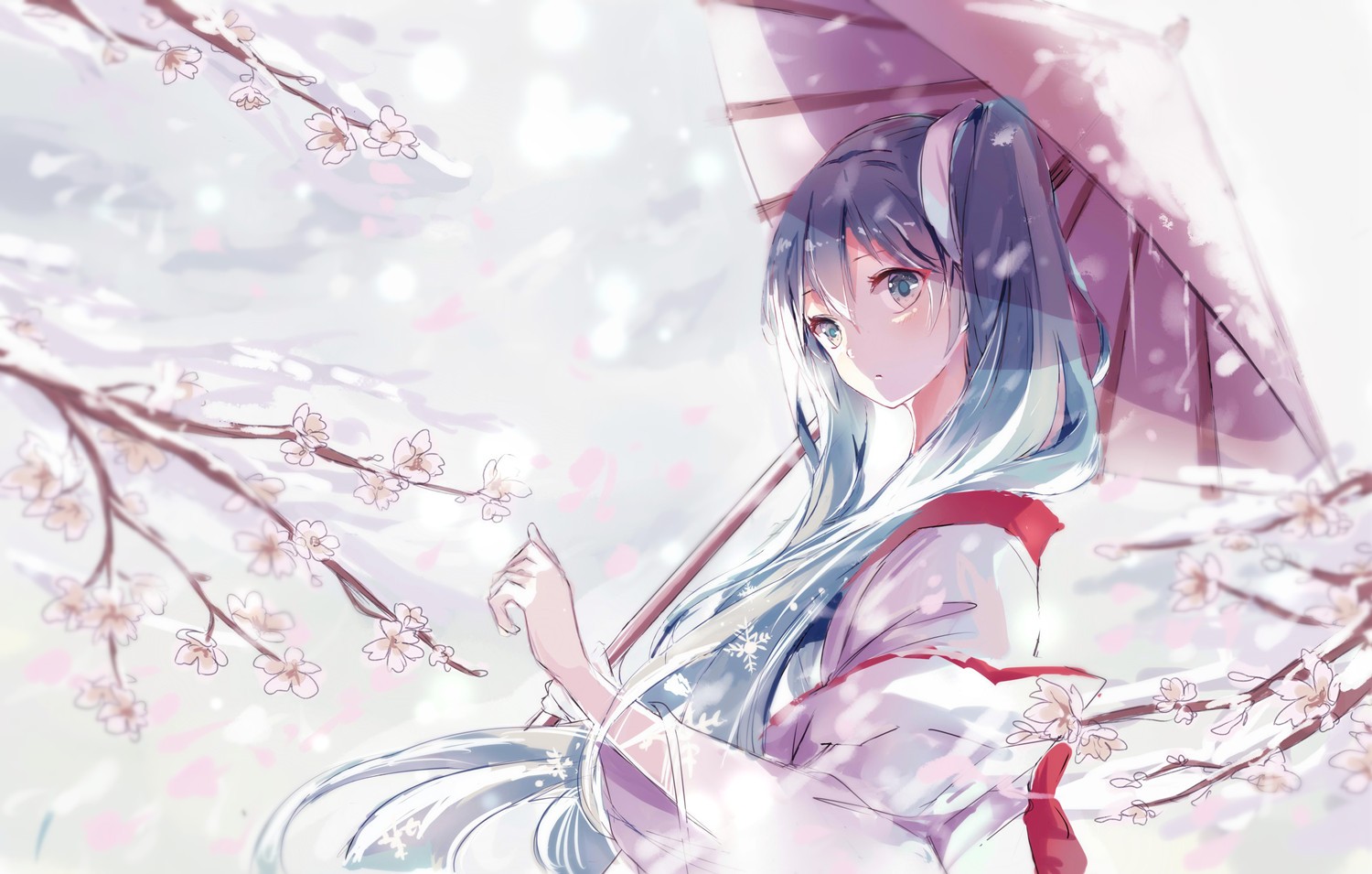Vocaloid Hatsune Miku Traditional Clothing Kimono Umbrella Long Hair Twintails Snow Snow Flakes Flow 1500x955