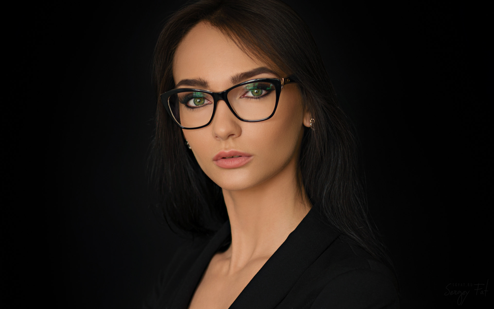 Women Kseniya Alekseevskaya Portrait Women With Glasses Black Background Green Eyes 1920x1200