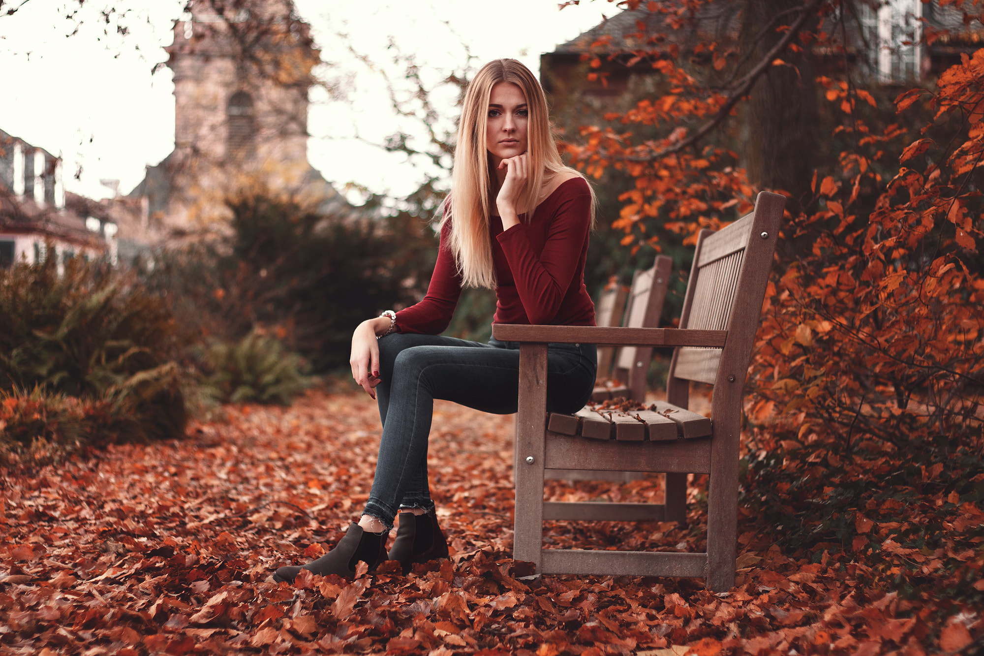 Women Blonde Skinny Jeans Bench Red Leaves Sitting Looking At Viewer Red Clothing Straight Hair Long 2000x1333