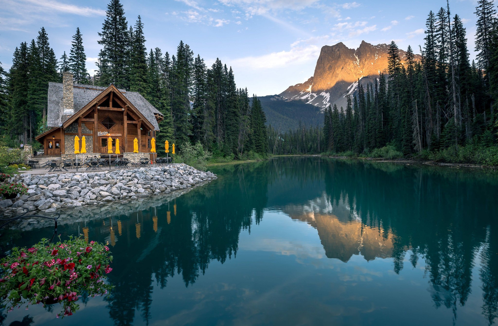 Landscape Lagoon Forest Mountains Trees House Plants Reflection Clear Sky British Columbia Yoho Nati 2048x1343