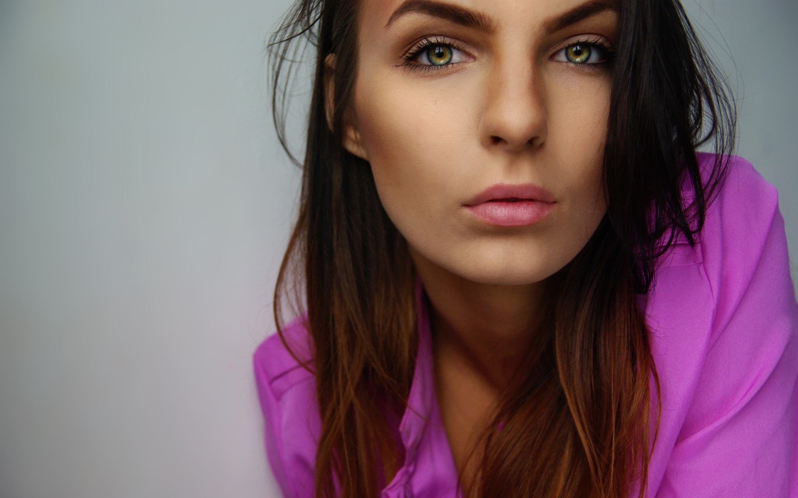 Women Brunette Pink Shirt Model Pink Lipstick Simple Background Hazel Eyes 2560x1600