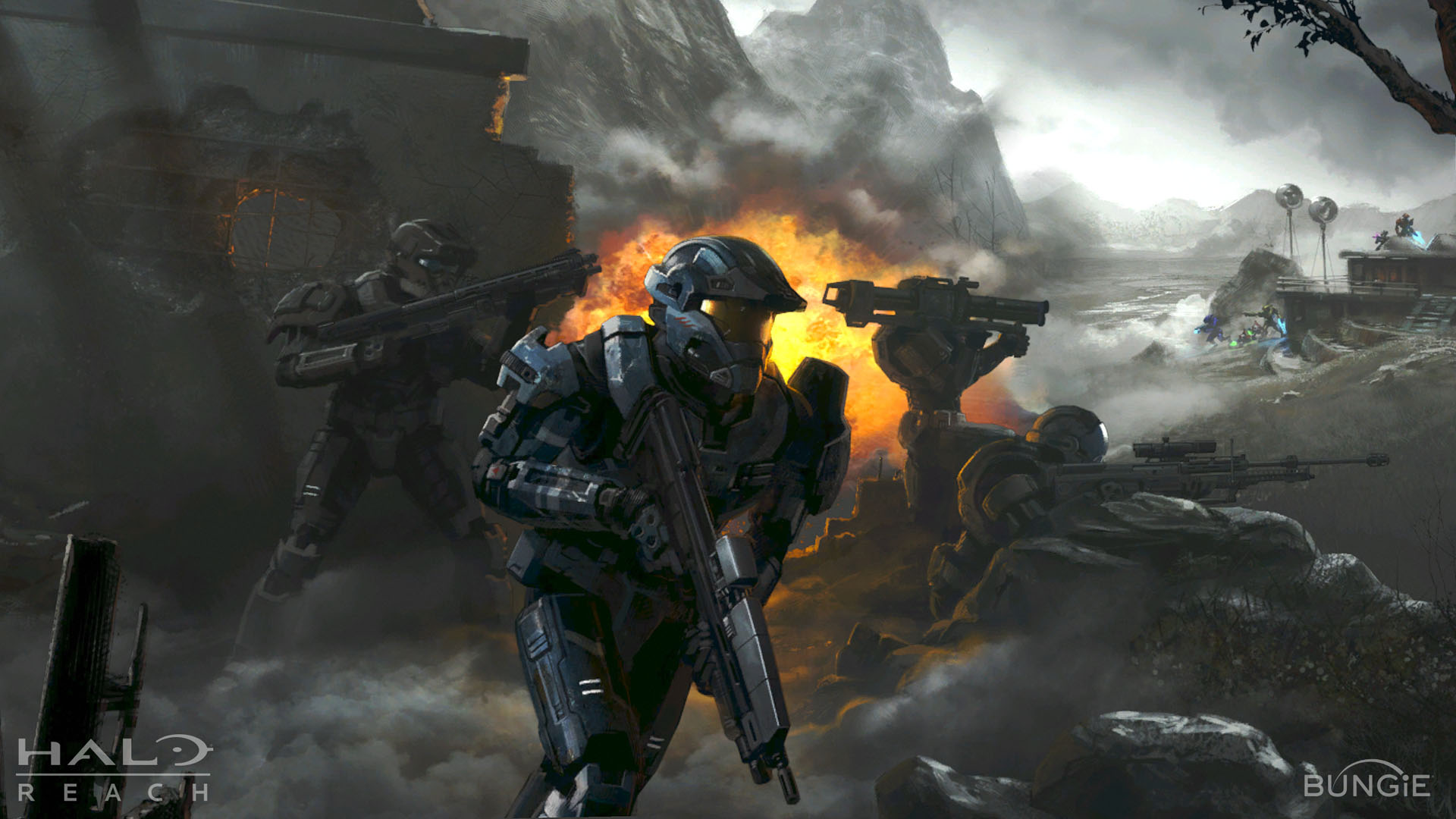 Video Games Halo Futuristic Armor Halo Reach Rocket Launchers Spartans Halo Shotgun Explosion War Ba 1920x1080