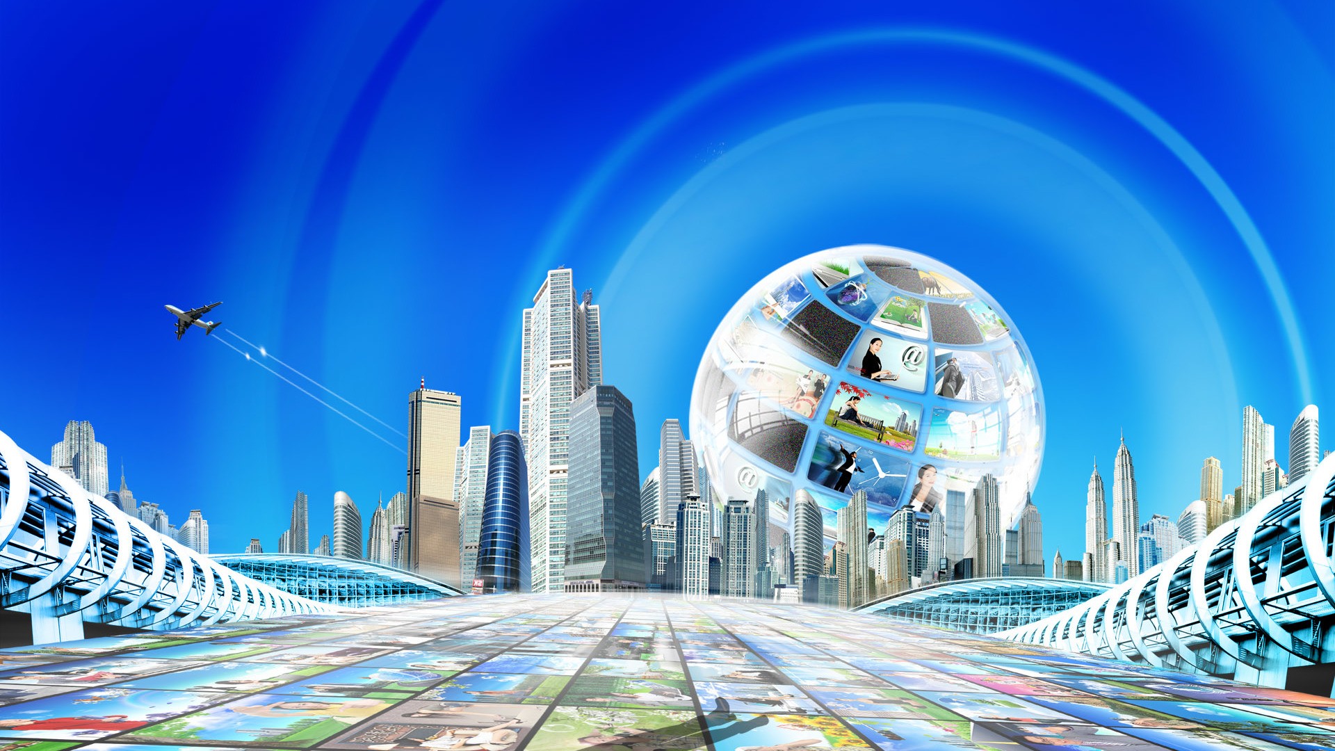 Digital Art Creativity Futuristic Science Fiction Globes Architecture Skyscraper Tunnel Airplane Cit 1920x1080