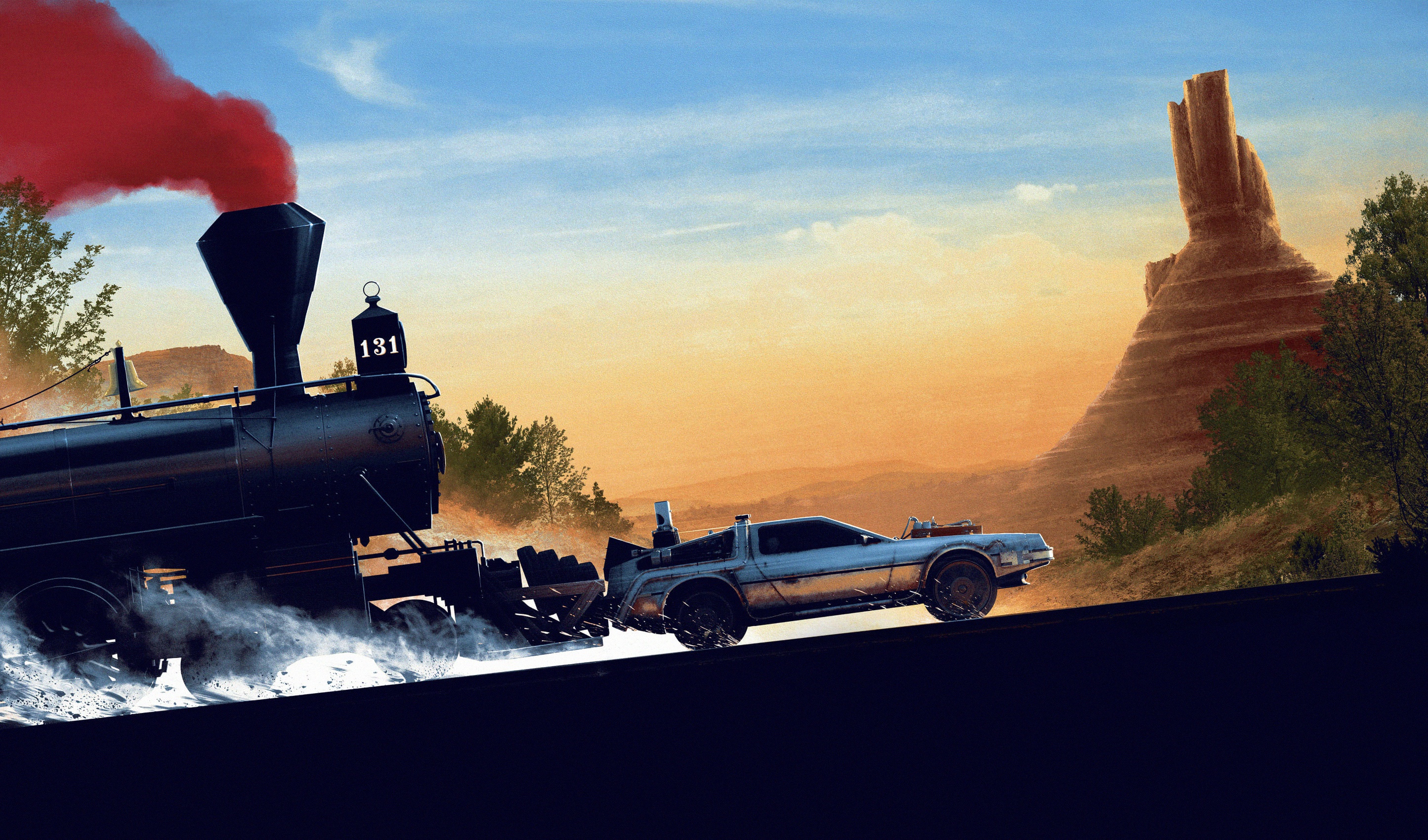 Train Time Machine DeLorean Car Movies Back To The Future Iii Movie 1990 Year Artwork 2890x1700