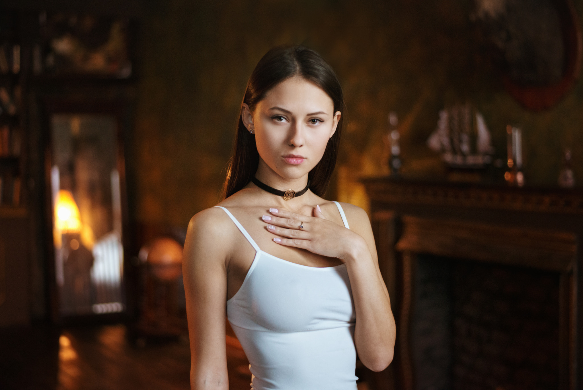 Women Catherine Timokhina Maxim Maximov Choker Portrait White Tops Brunette Bare Shoulders 2048x1371