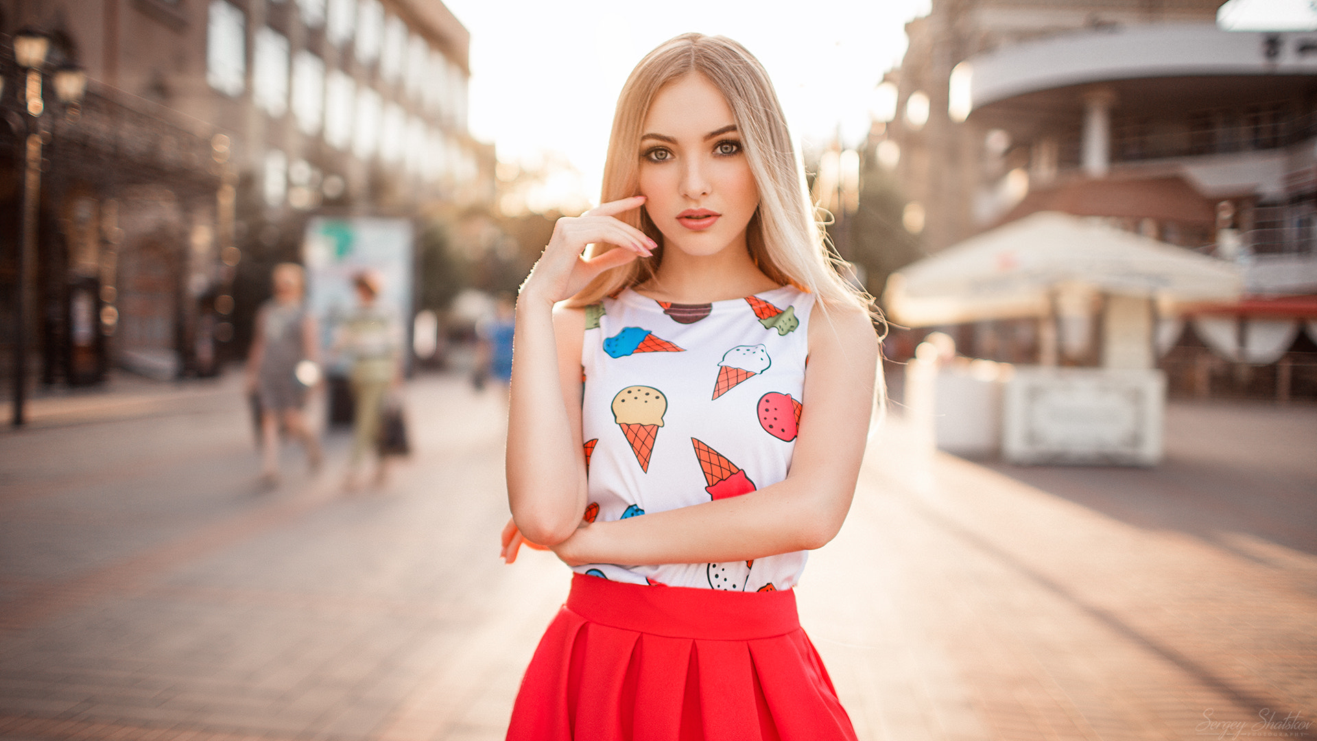 Women Model Sergey Shatskov Women Outdoors City Red Blonde Urban Red Skirt Make Up Makeup 1920x1080