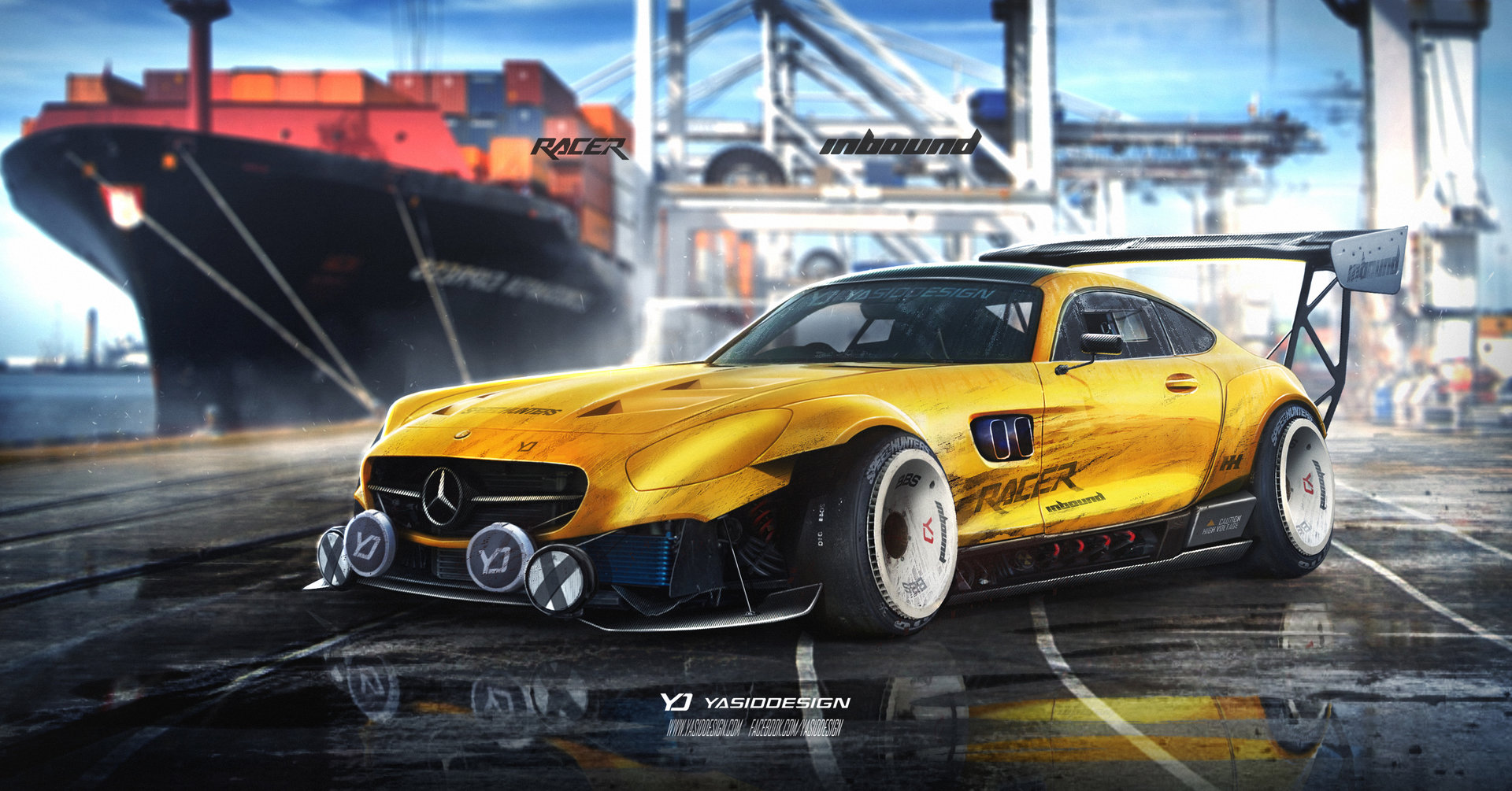 Car Racer Vehicle Yellow Cars Digital Art Mercedes Benz Car Spoiler 1920x1005