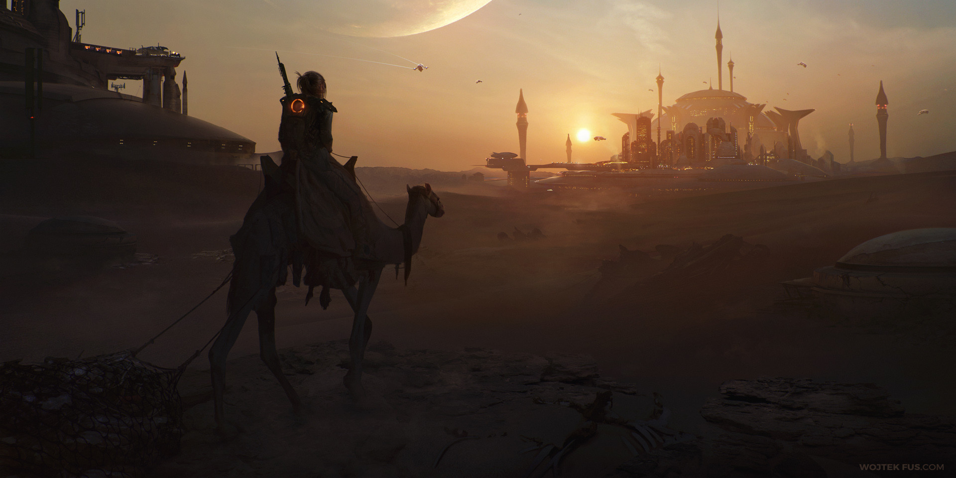 Wojtek Fus Drawing Science Fiction Camels Animals Desert Sun Planet City Flying Weapon Pilgrims 1920x960