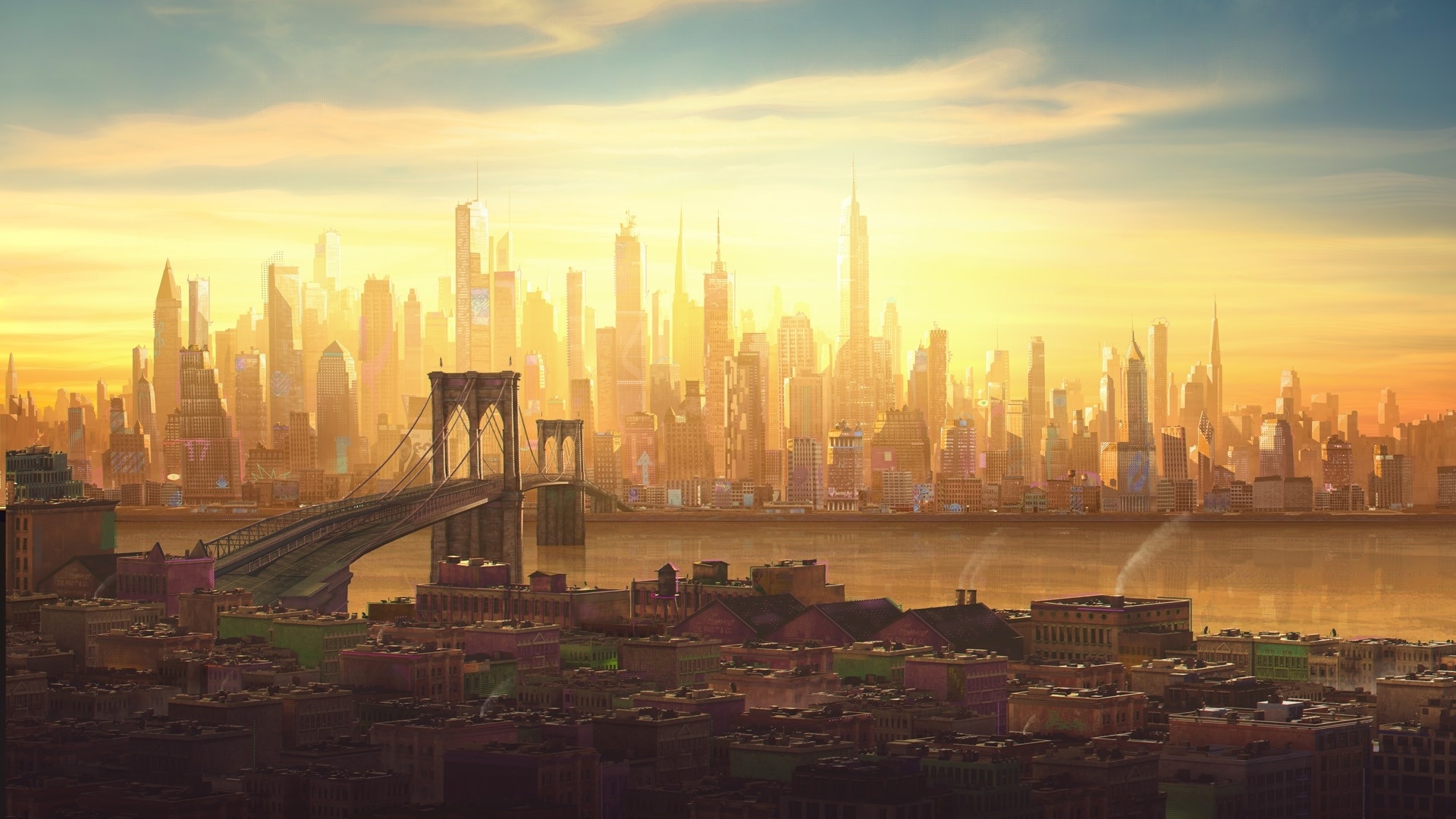 Spider Man Into The Spider Verse Cityscape Architecture Movies Skyline New York City Brooklyn Bridge 1920x1080