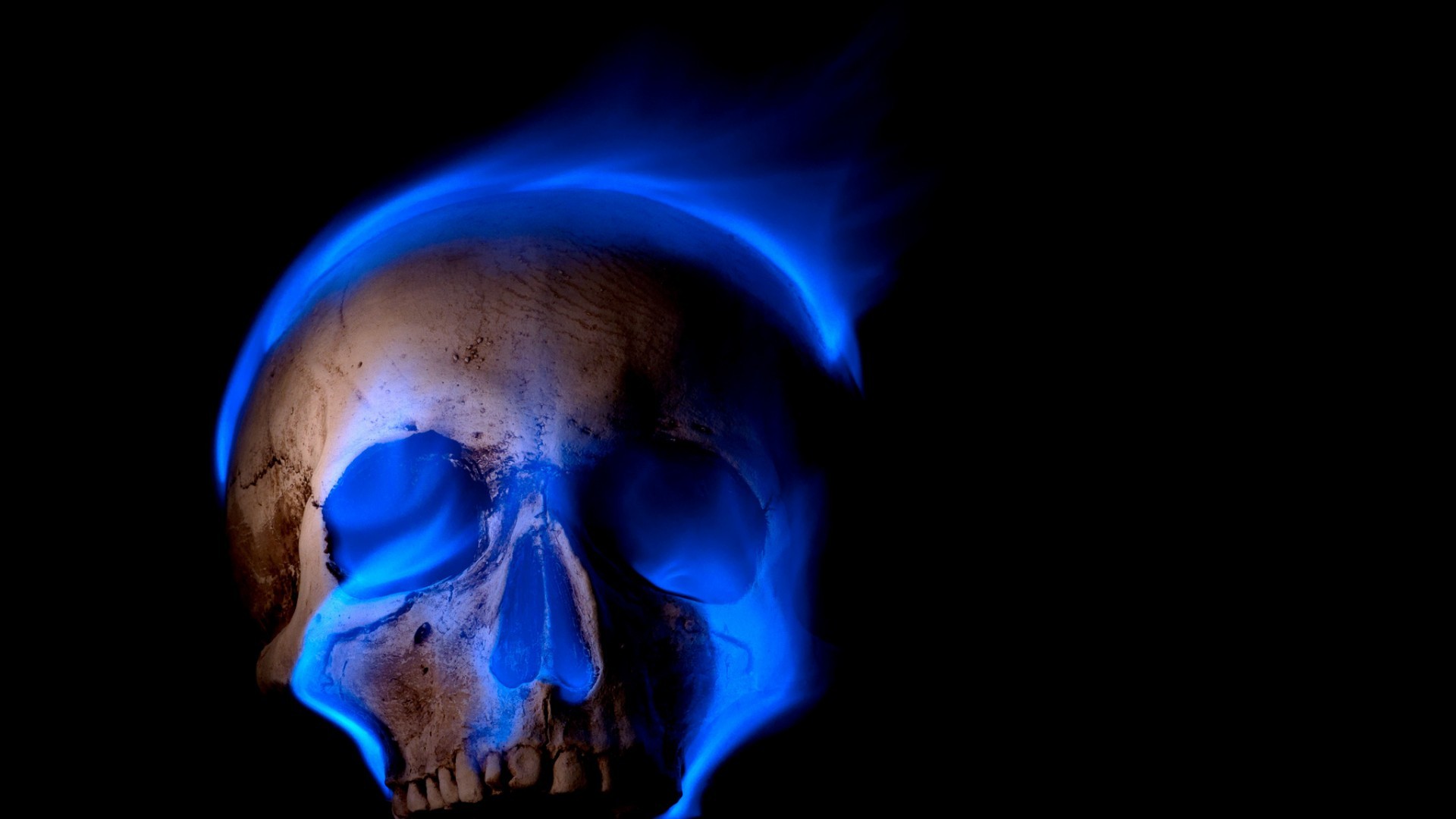 Digital Art Skull Black Background Teeth Burning Blue Flames Fire Death Spooky Gothic 1920x1080