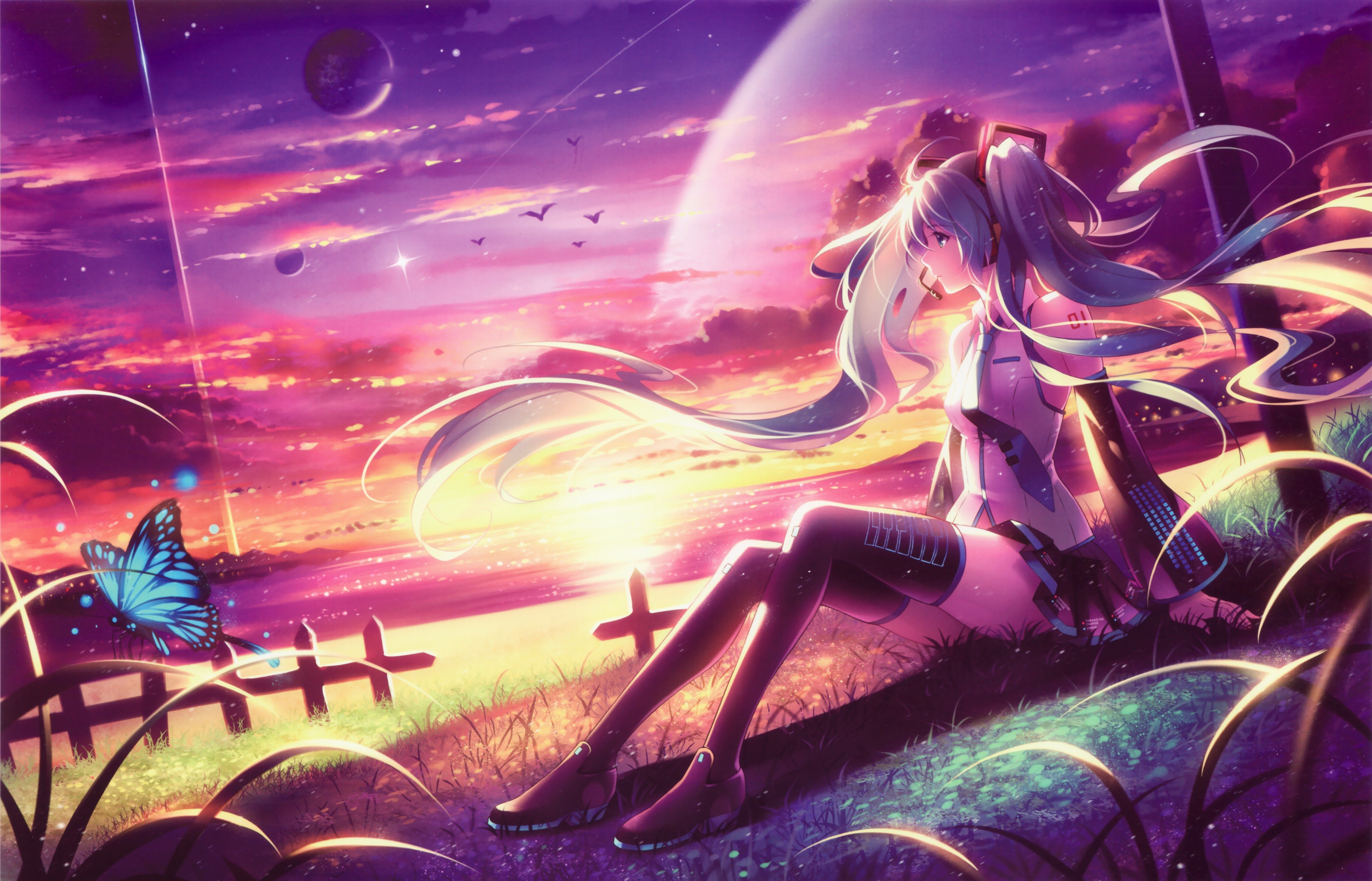 Vocaloid Hatsune Miku Long Hair Twintails Headphones Neckties Thigh Highs Birds Butterfly Skirt Sea  3762x2416