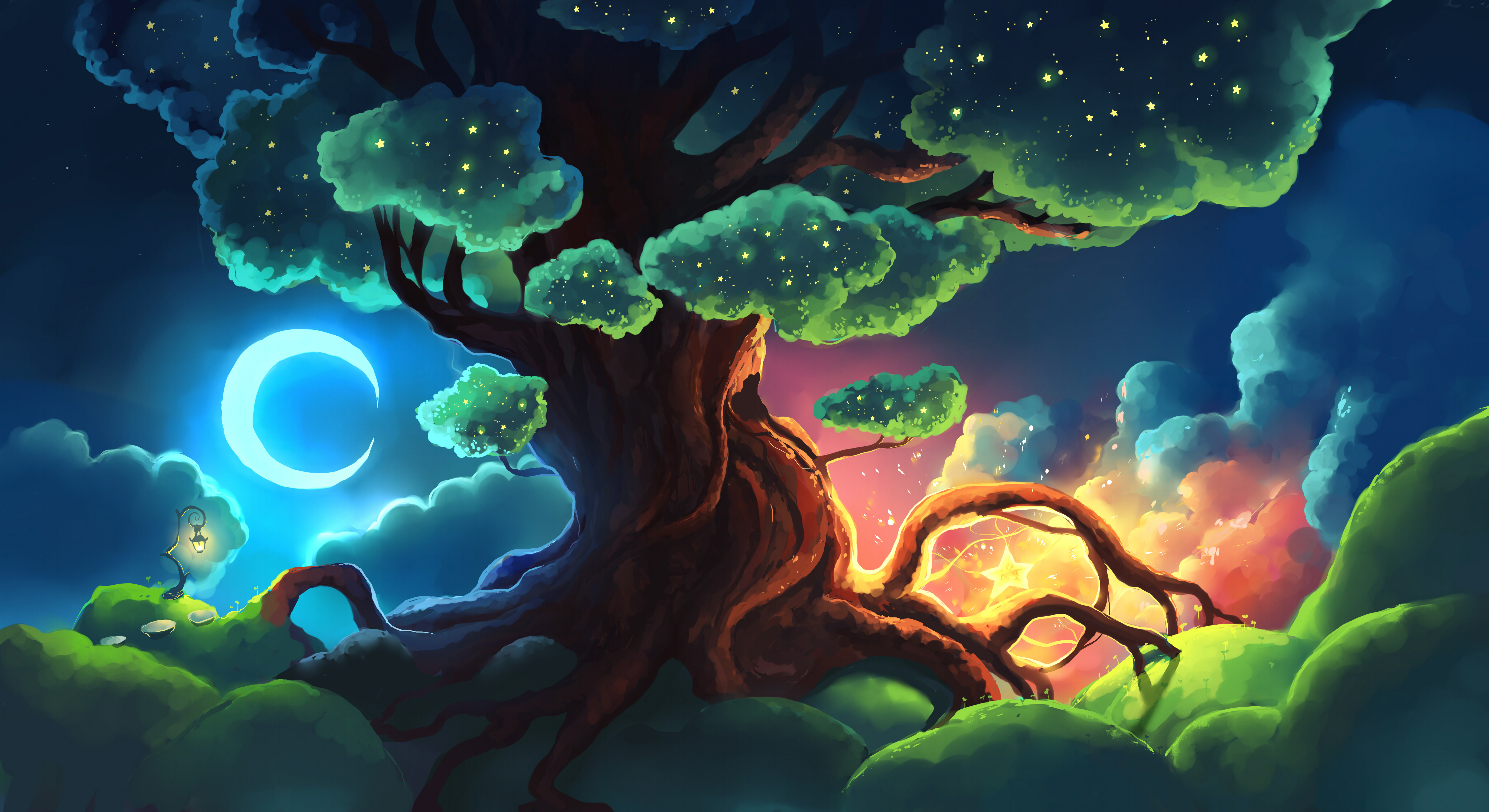 Digital Digital Art Artwork Fantasy Art Digital Painting Trees Nature Lights Night Dusk Stars Clouds 5500x3000