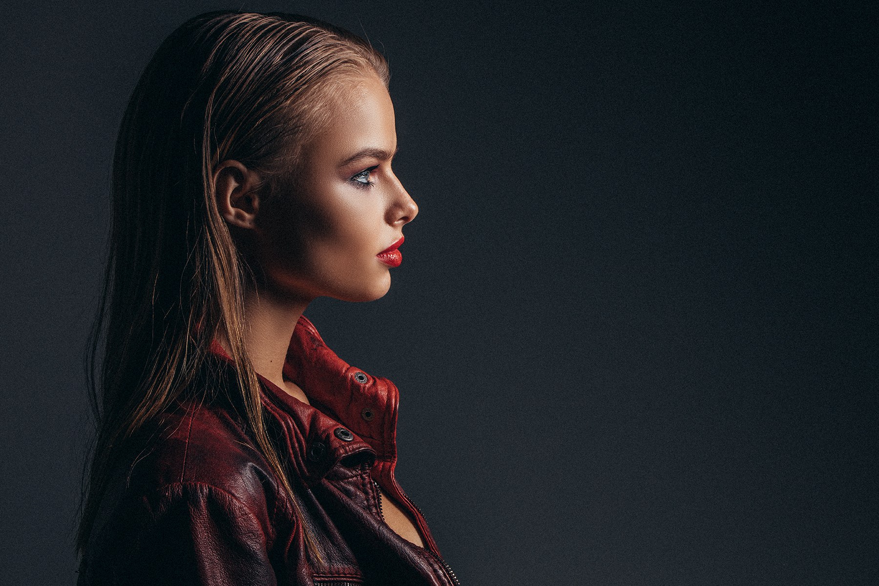 Aleksey Trifonov Profile Women Face Portrait Long Hair Model Red Lipstick Jacket Leather Jackets Sim 1800x1200