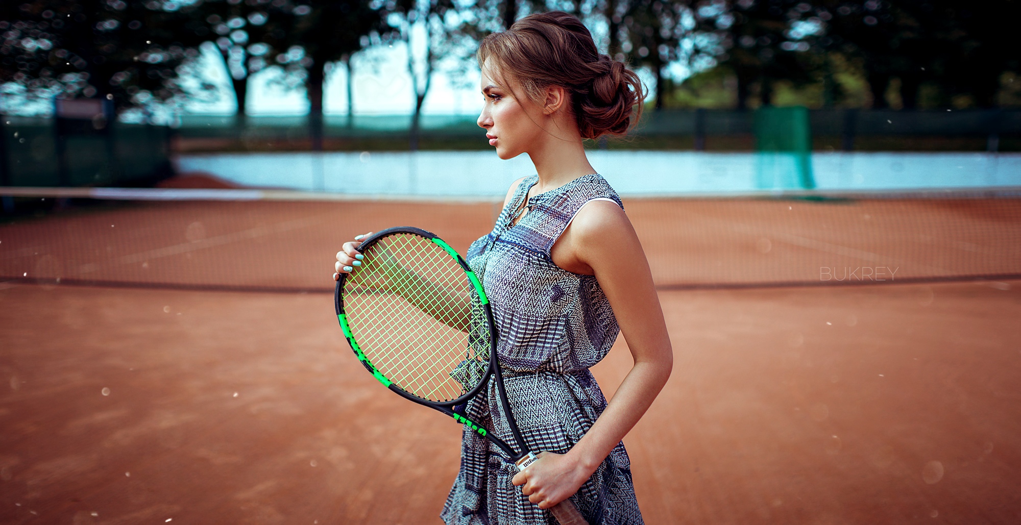 Women Model Brunette Depth Of Field Dress Profile Tennis Rackets Tennis Courts Women Outdoors 2000x1029