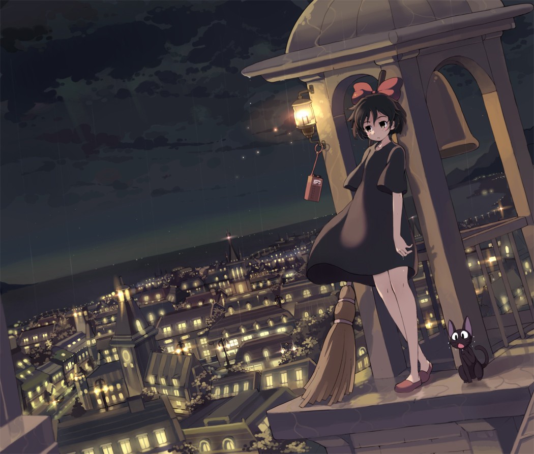 City Anime Girls Cats Kikis Delivery Service Night Studio Ghibli 1050x894