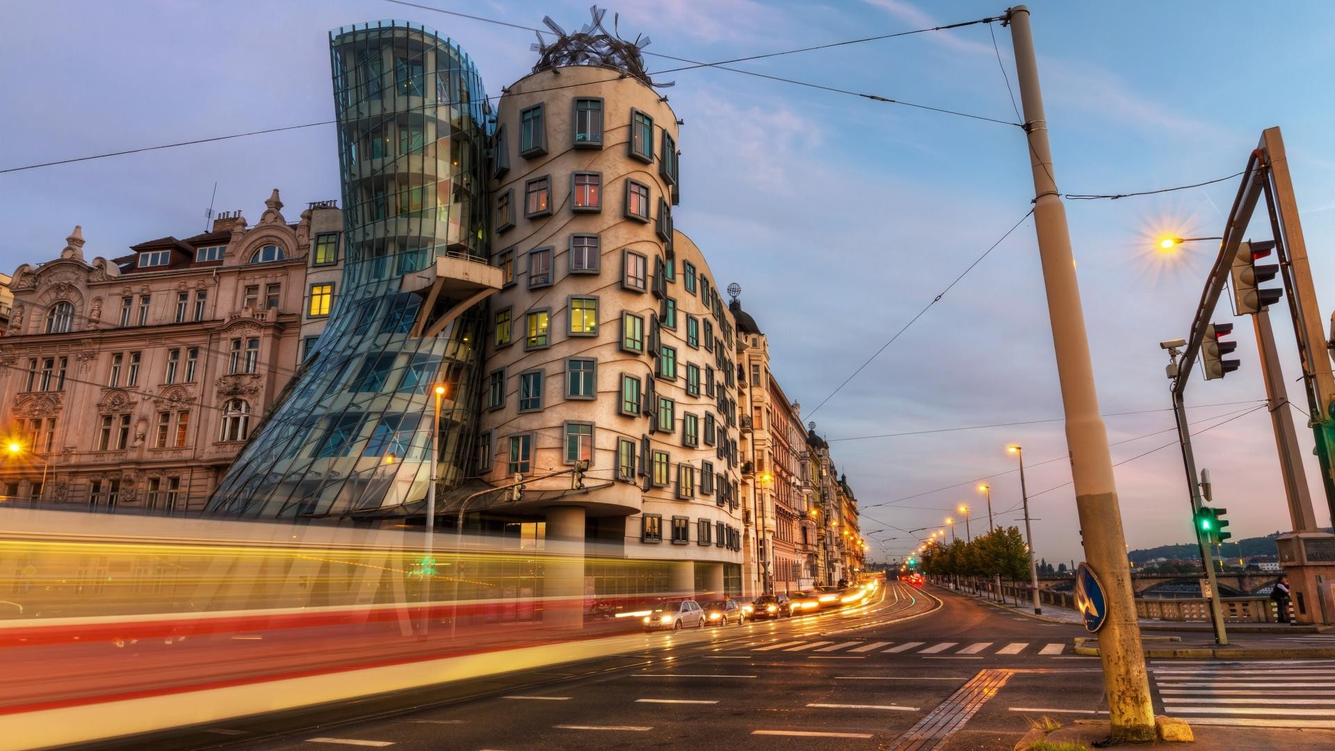 Architecture Building City Prague Czech Republic Street Road Old Building Traffic Lights Light Trail 1920x1080