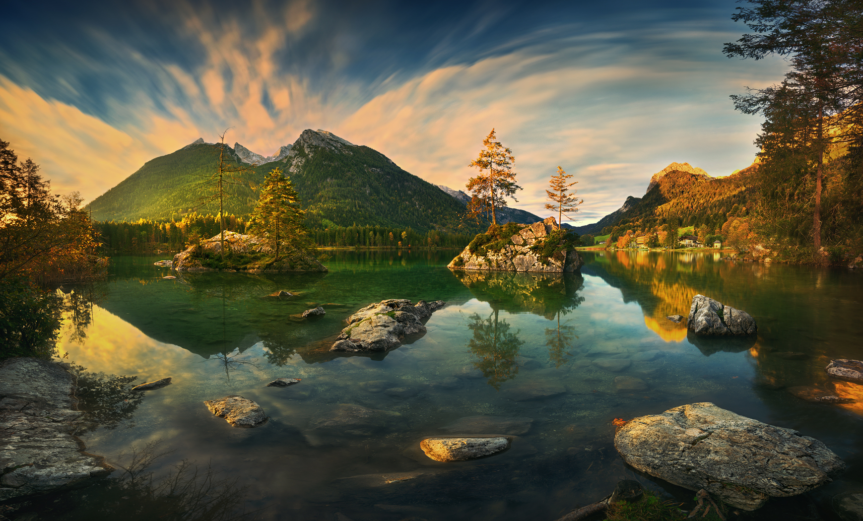 Hintersee Germany Landscape Forest Trees Mountains Lake Mirrored Nature Rocks Sky Clouds Clear Water 1739x1050