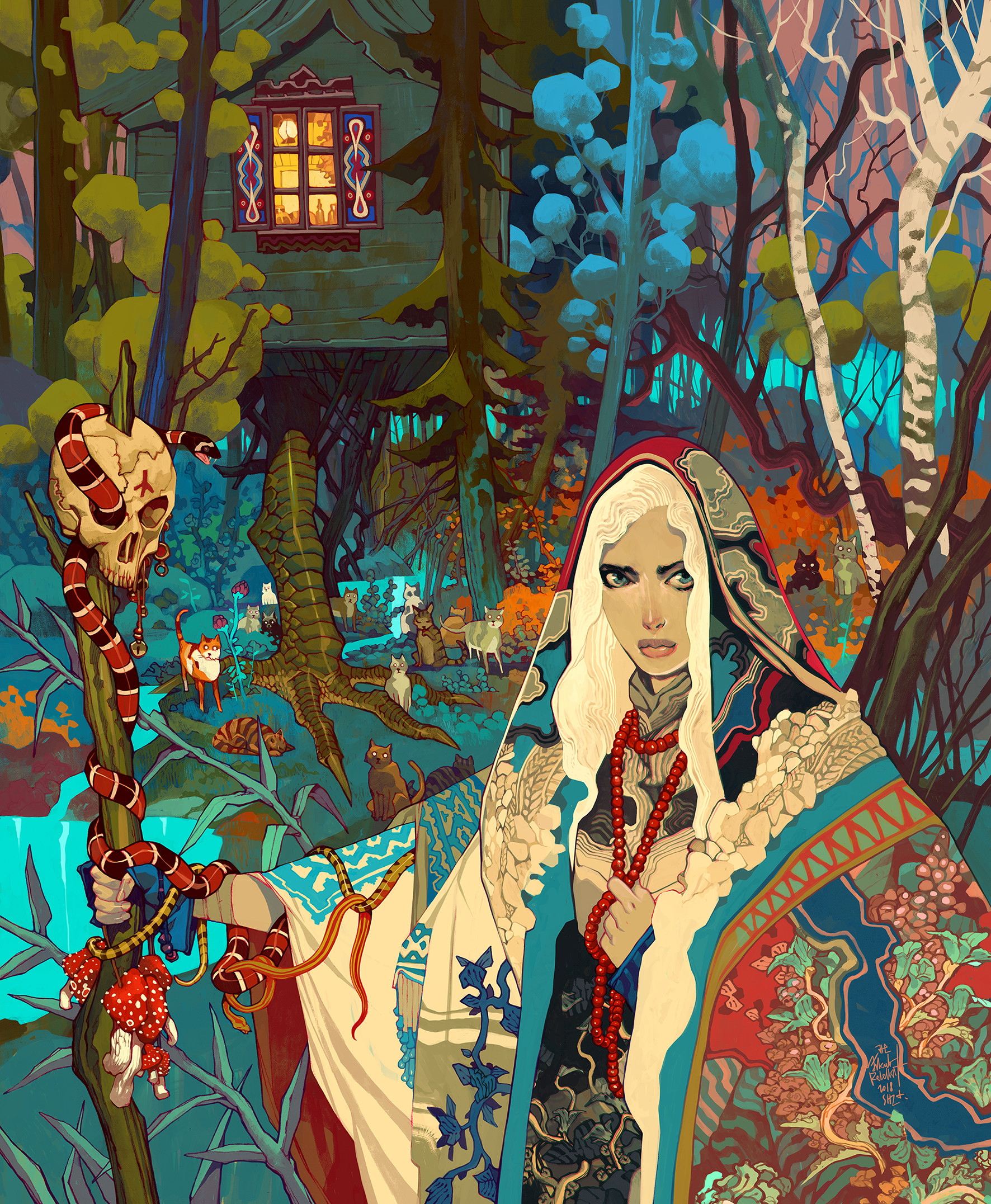 Colorful Witch Skull Forest Cats Cabin Staff Women Snake Fantasy Art Jakub Rebelka 1772x2153