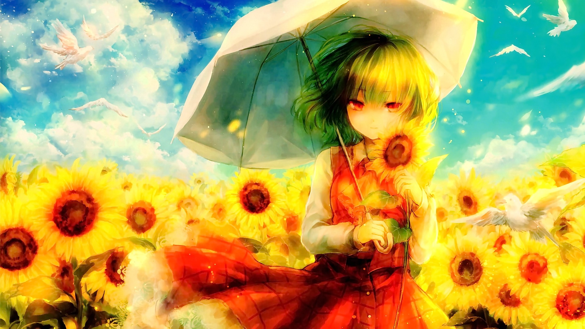 Anime Anime Girls Short Hair Red Eyes Sunflowers Umbrella Sky Clouds Birds Looking At Viewer Touhou  1920x1080