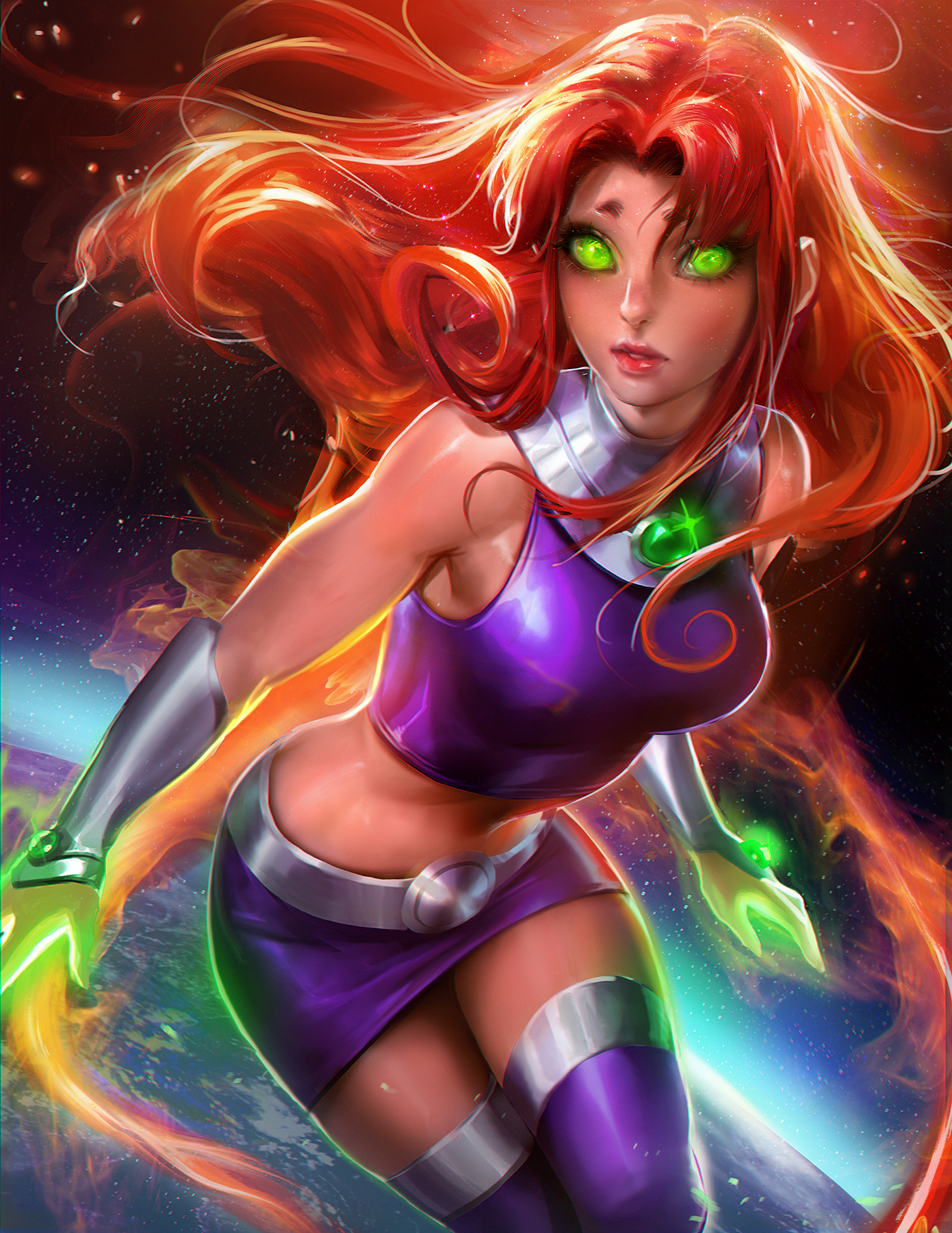 Starfire Teen Titans DC Comics Women Fantasy Girl Redhead Long Hair Green Eyes Pink Lipstick Crop To 1391x1800
