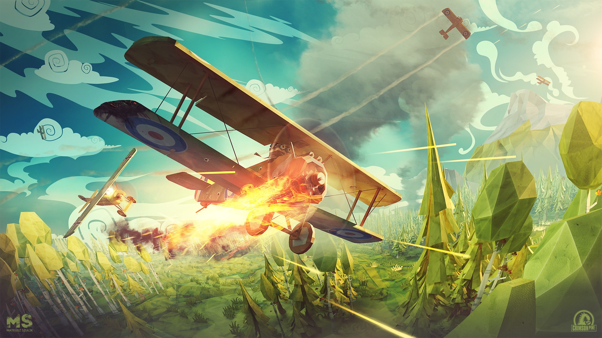 Digital Art Low Poly Mateusz Szulik Clouds Airplane Battle Fire Trees Forest Flying Smoke Contrails  1920x1080