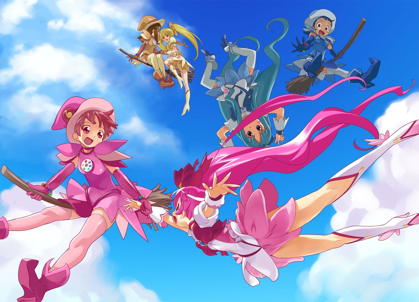 Magical Girls Pink Hair Pink Dress Witch Flying Sky Witches Broom Thigh Highs 1420x1024