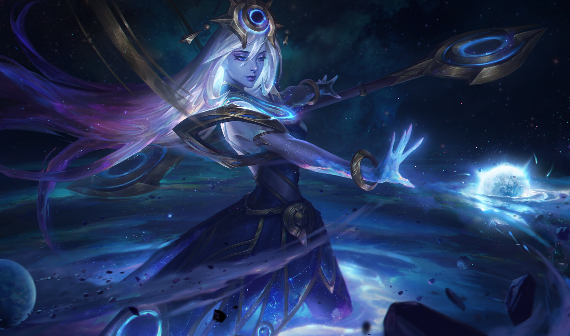 Bo Chen Drawing Women Tiaras Void Staff Magician Stars Space Planet Rocks Long Hair Glowing Spell Or 1920x1133
