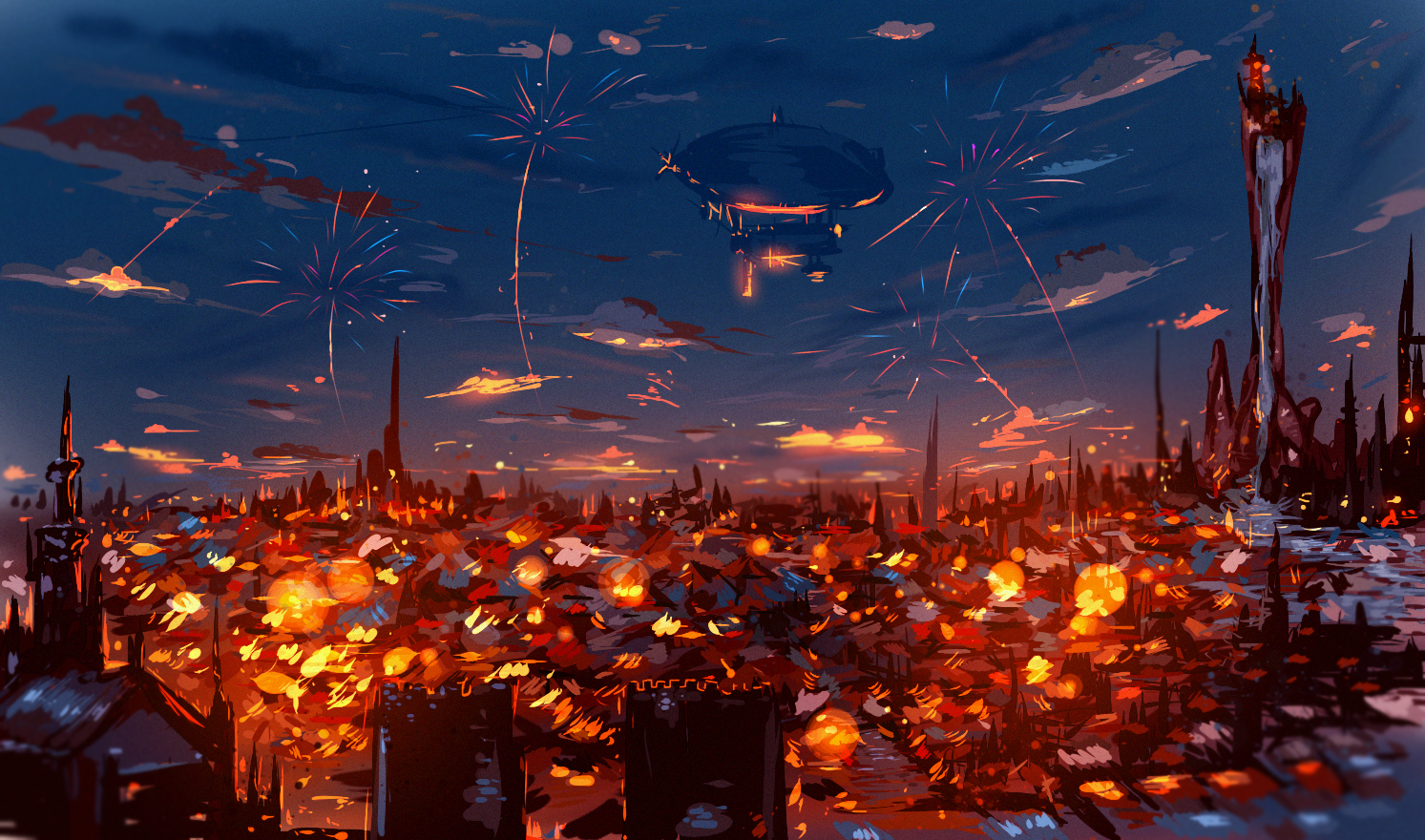 Ryky Painting Digital Art City Fireworks Zeppelin 1493x880