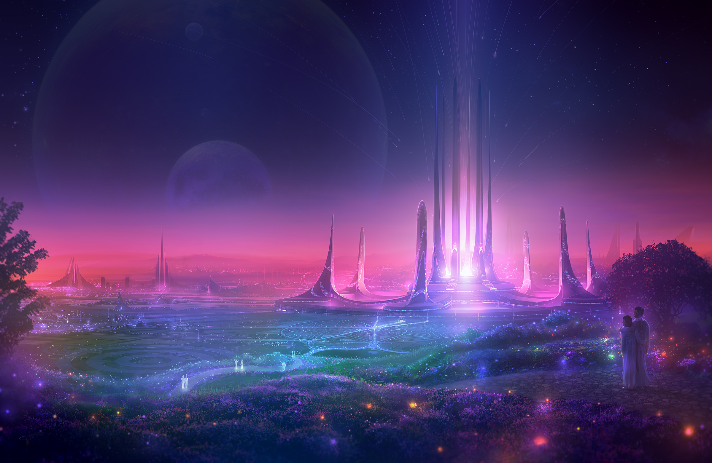 Glowing Landscape Science Fiction Planet Stars Night Pillar Beam Purple City 2400x1562