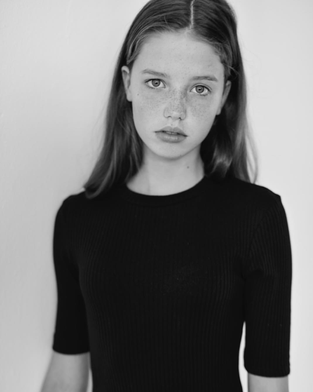 Model Monochrome Freckles Children Black Dress Long Hair Portrait 1069x1336
