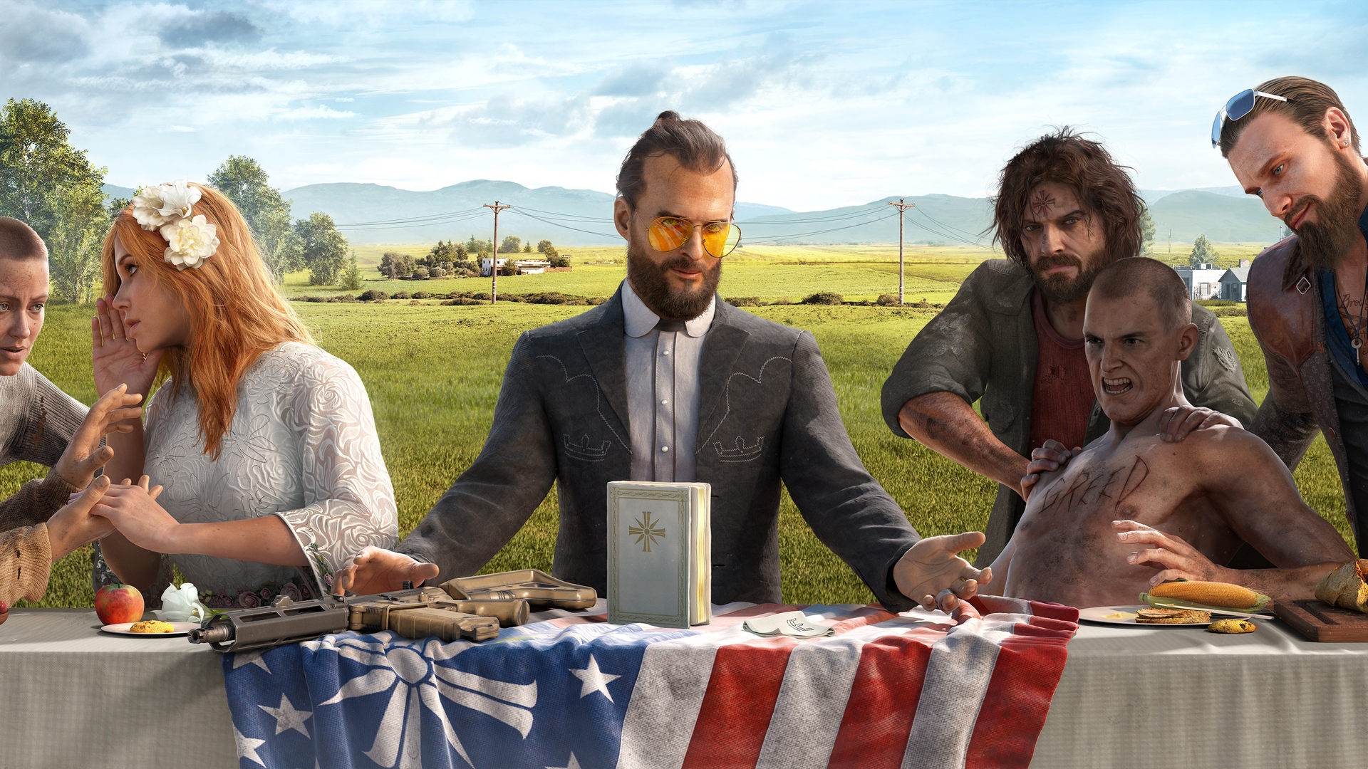 Video Games Far Cry 5 Table Gun Valley Religion USA Field Ubisoft Far Cry Video Game Villains Weapon 1920x1080