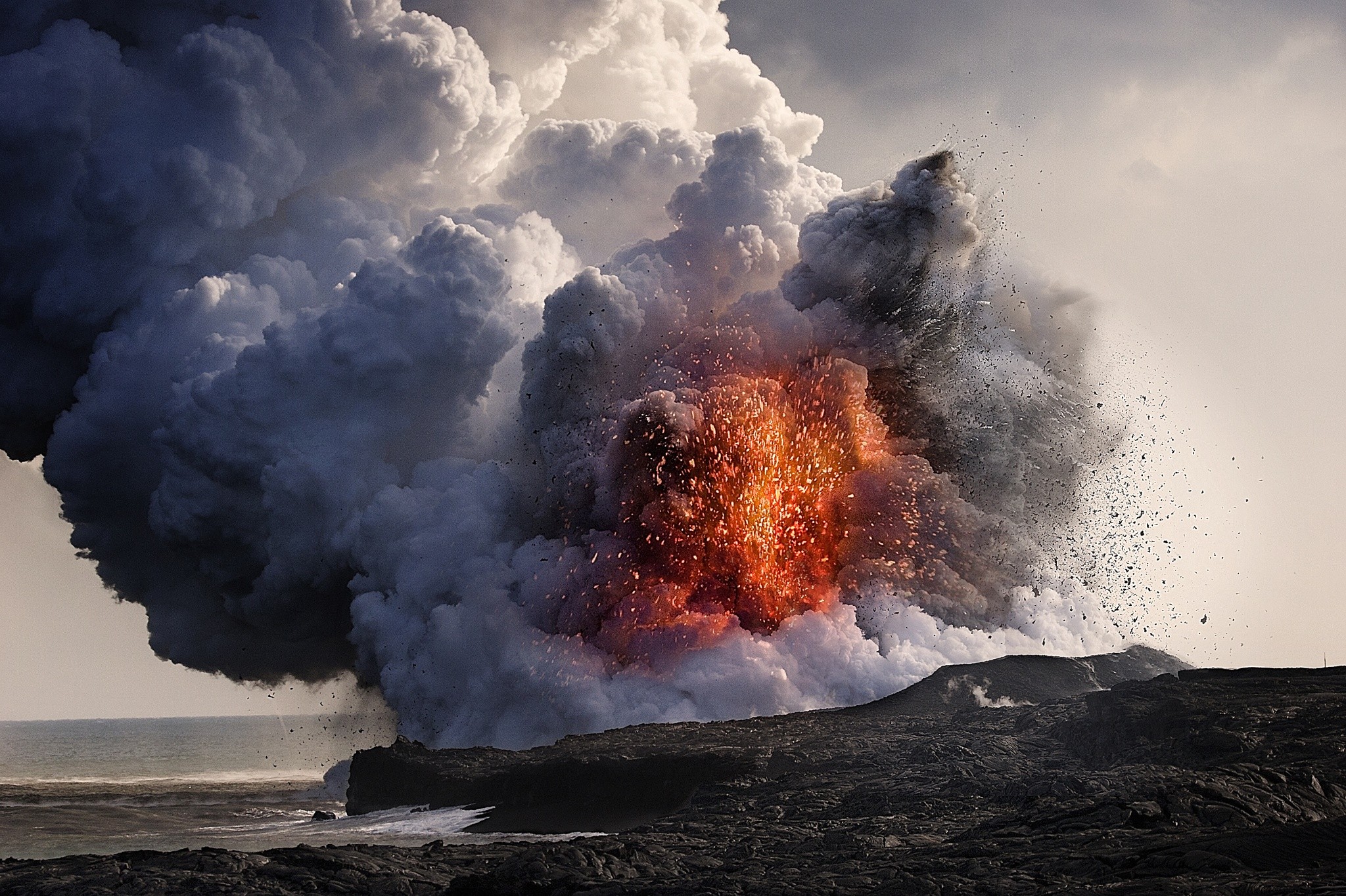 Nature Landscape Volcano Eruptions Hawaii Lava Smoke Ash Sea Crater Rock 2048x1365