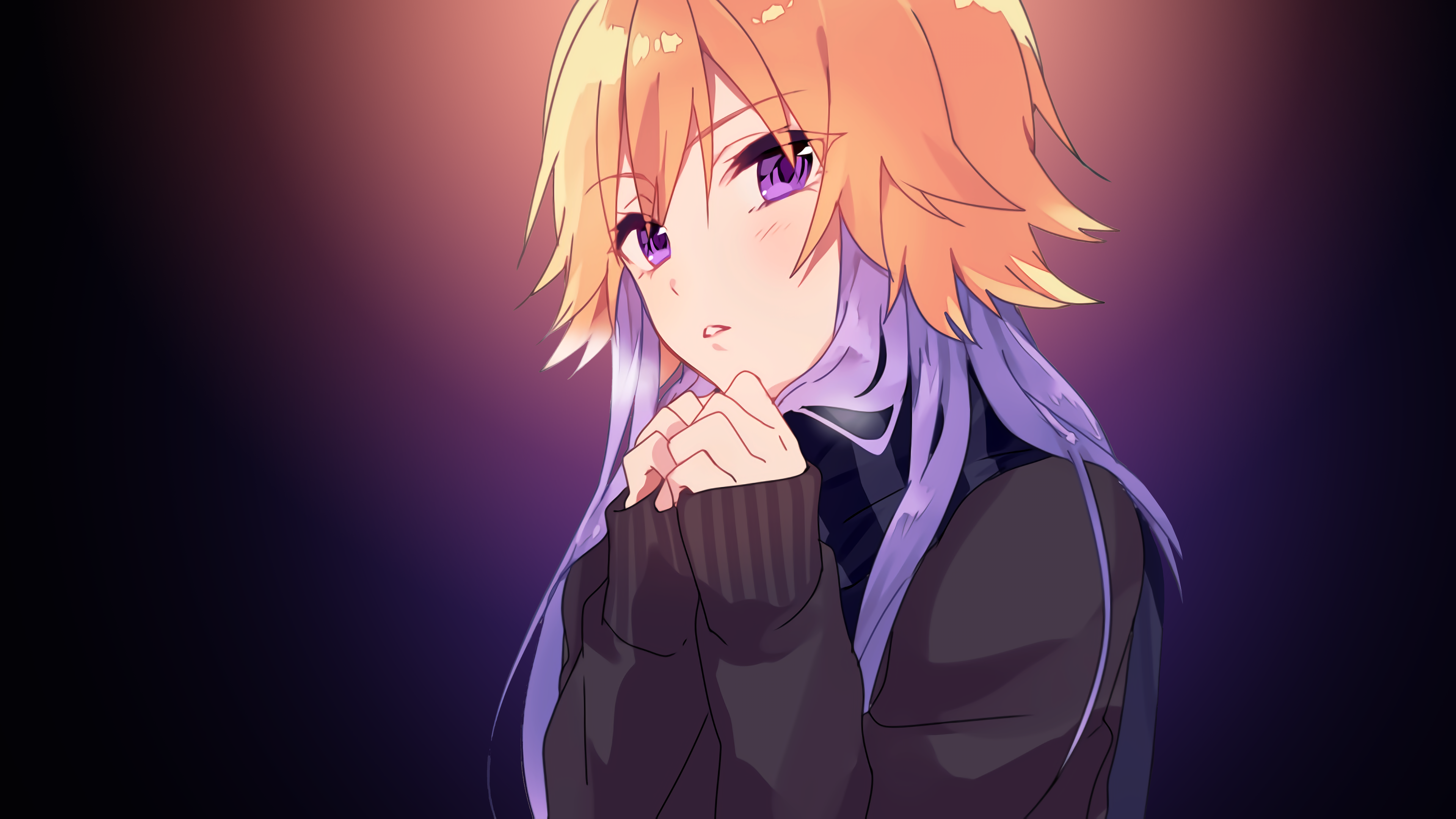 anime girl with short blonde hair and purple eyes