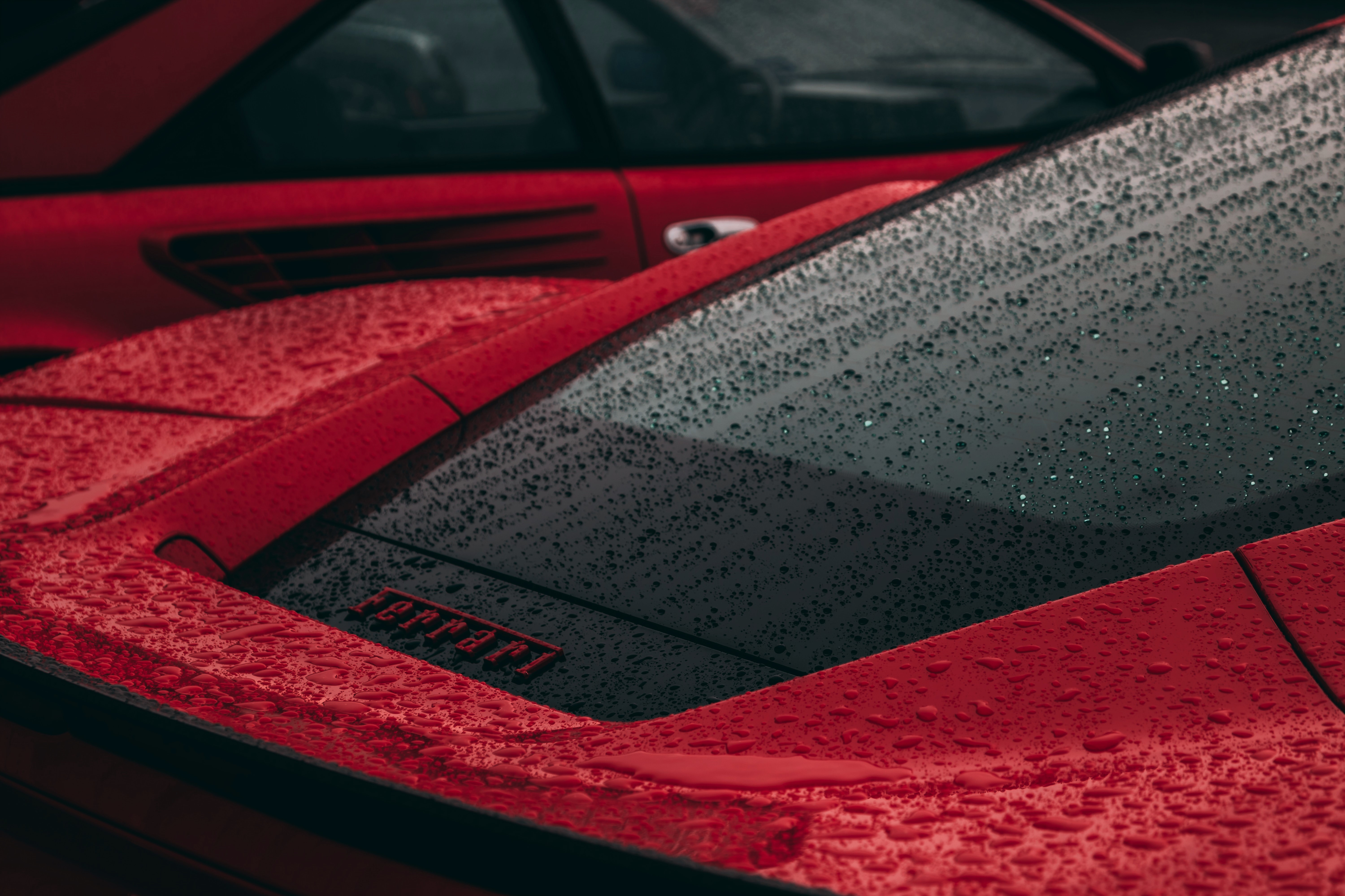 Ferrari Water Drops Depth Of Field Red Rain Monsoon 6000x4000