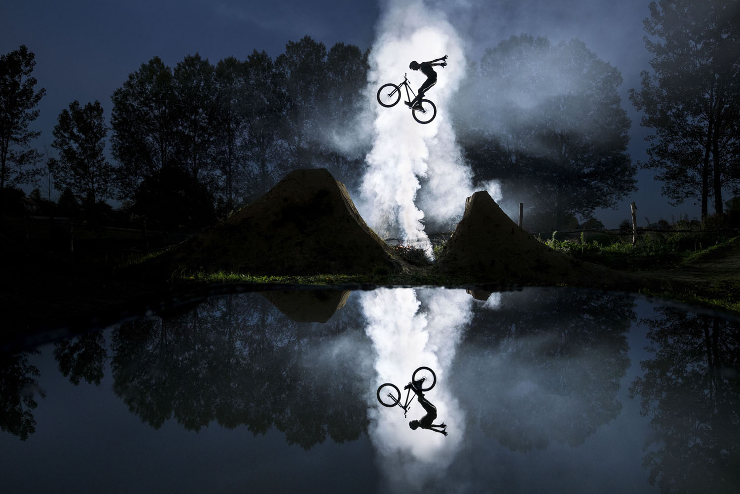Bicycle Mirrored Dark Water Reflection Night 1500x1001