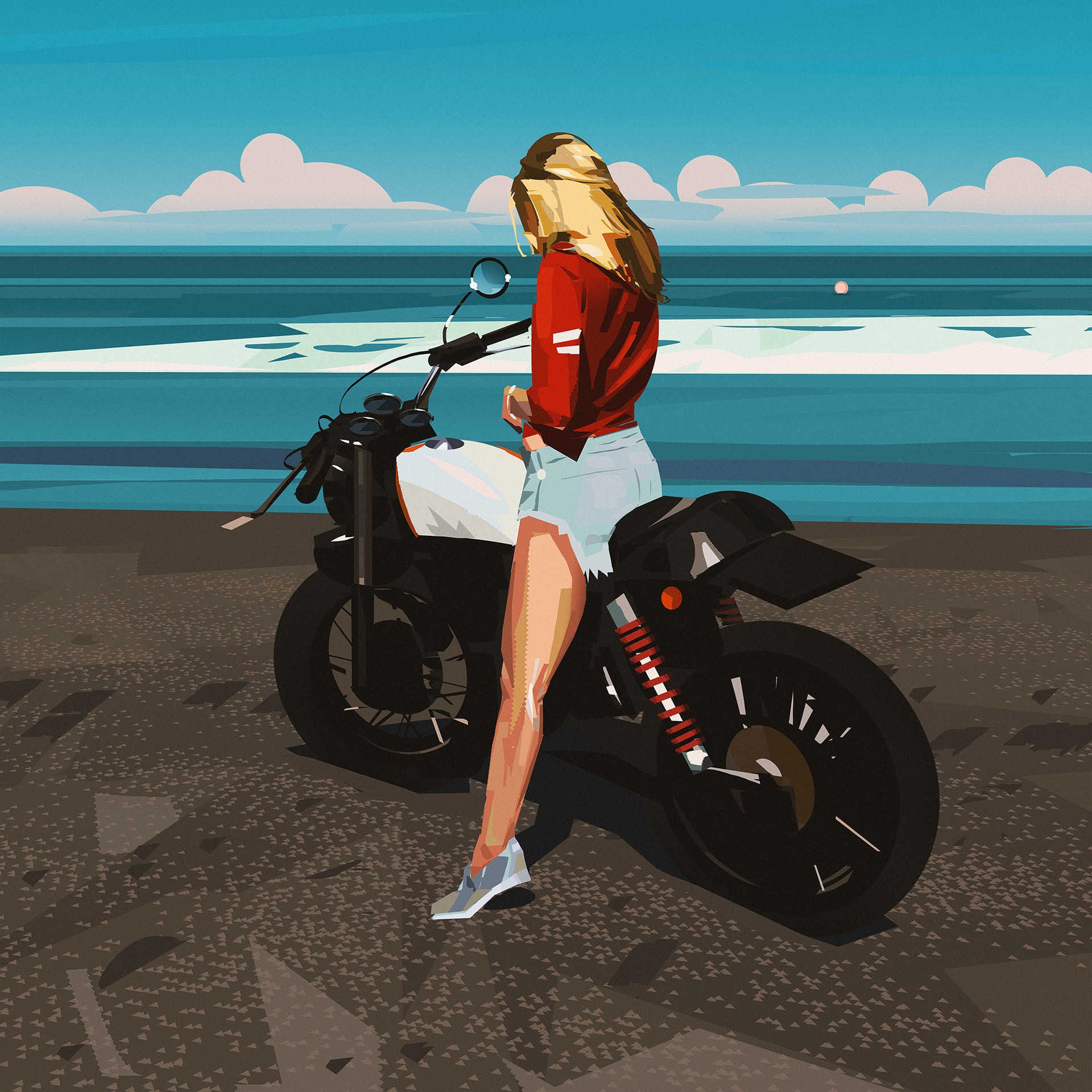 Women Painting Drawing Blonde Motorcycle Blouse Long Hair Sea Water Sneakers Yun Ling 1920x1920