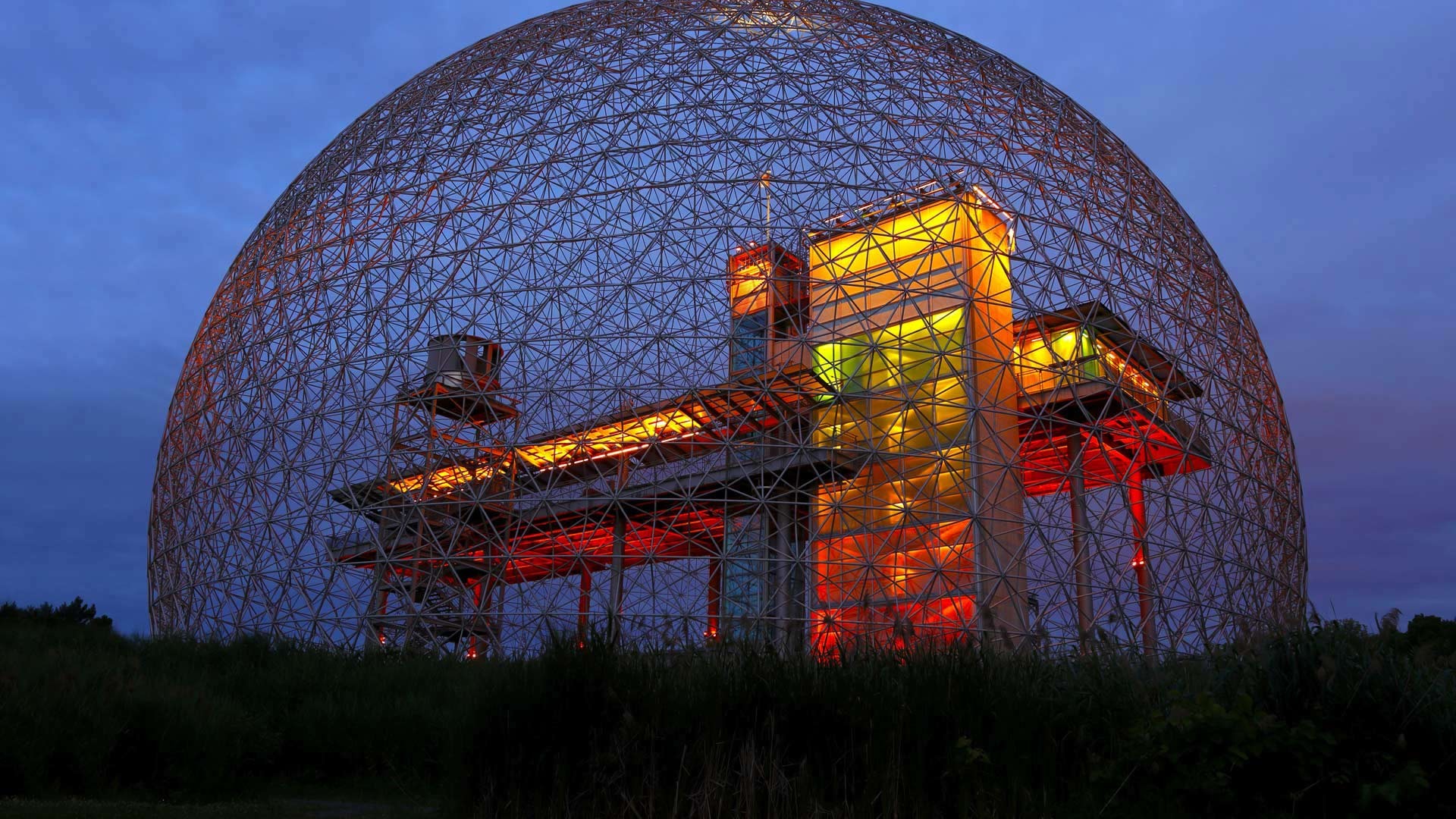 Architecture Modern Sphere Night Sky Arena Nature Grass Building Pipes Montreal Canada Expo 67 1920x1080