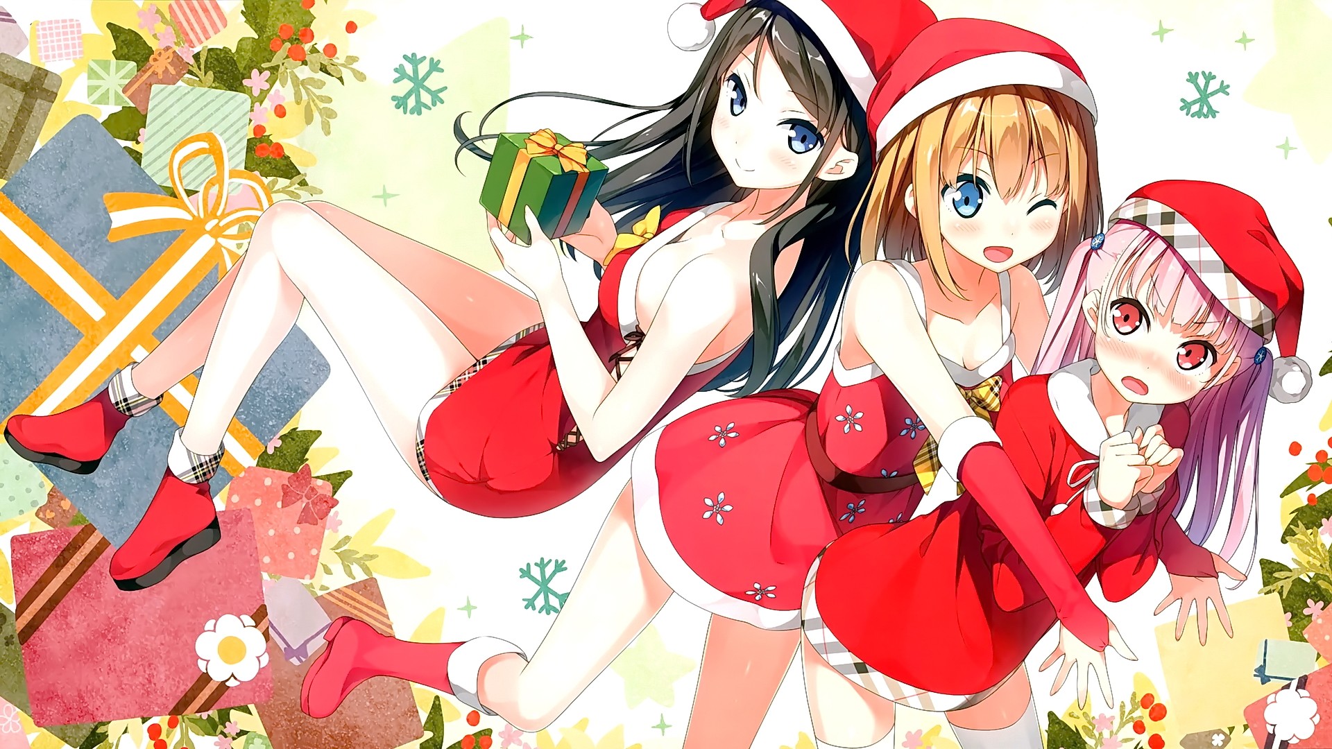 Anime Anime Girls Short Hair Long Hair Blonde Brunette Pink Hair Blue Eyes Red Eyes Wink White Backg 1920x1080