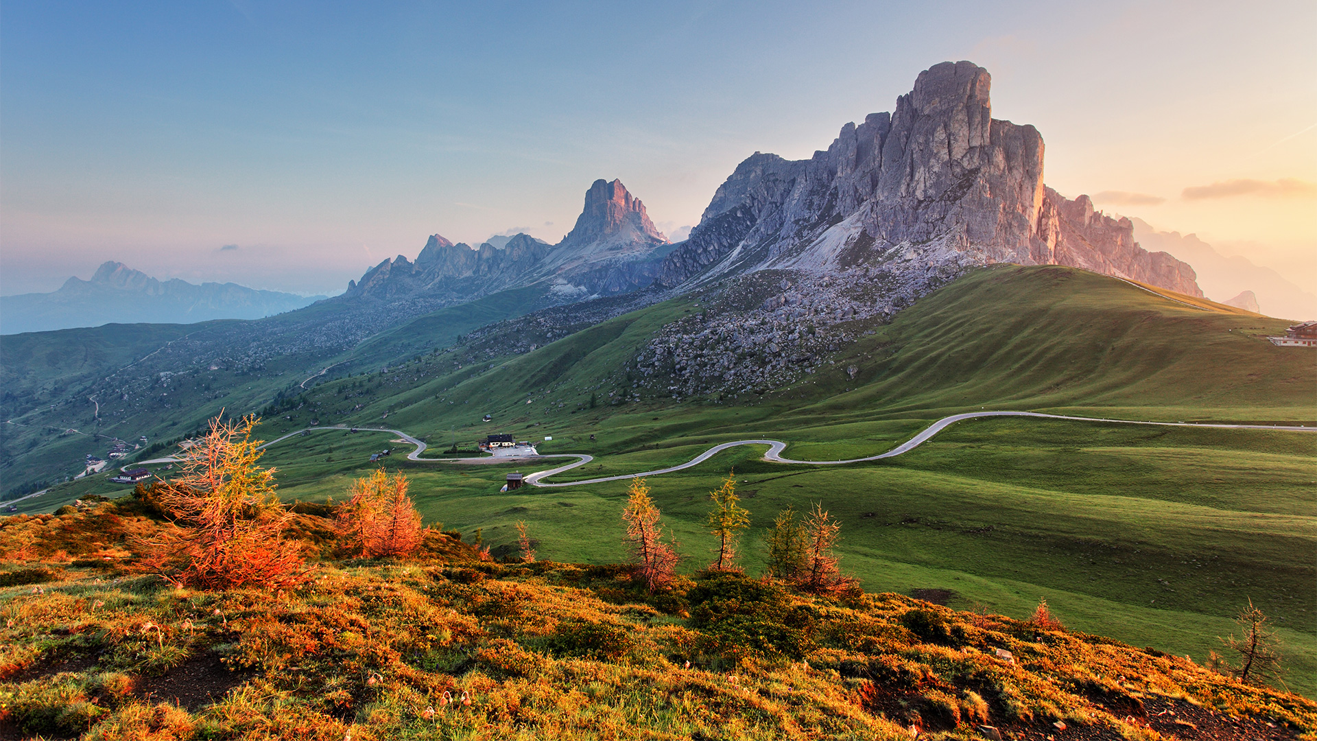 Nature Landscape Hairpin Turns Trees House Road Grass Field Sky Clouds Mountains Dolomite Alps Dolom 1920x1080
