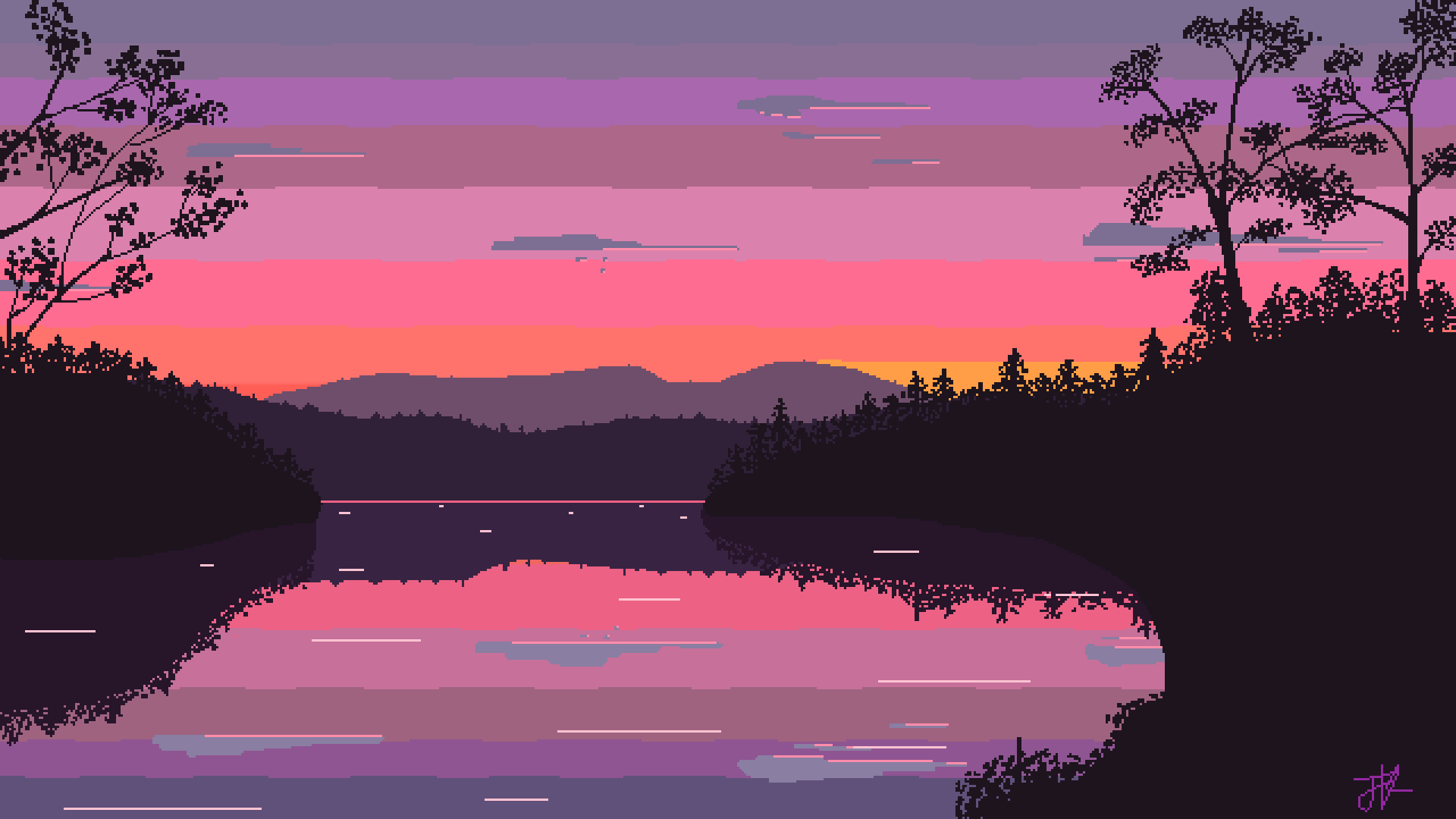 Pixel Art Digital Art Pixelated Pixels Nature Landscape Trees Lake Sunset Clouds Reflection Wavestor 1920x1080