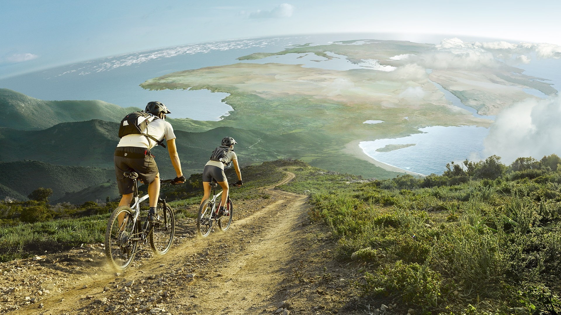 Men Women Cycling Nature Landscape Hills Bicycle Africa Europe Sea Road Photo Manipulation Clouds 1920x1080
