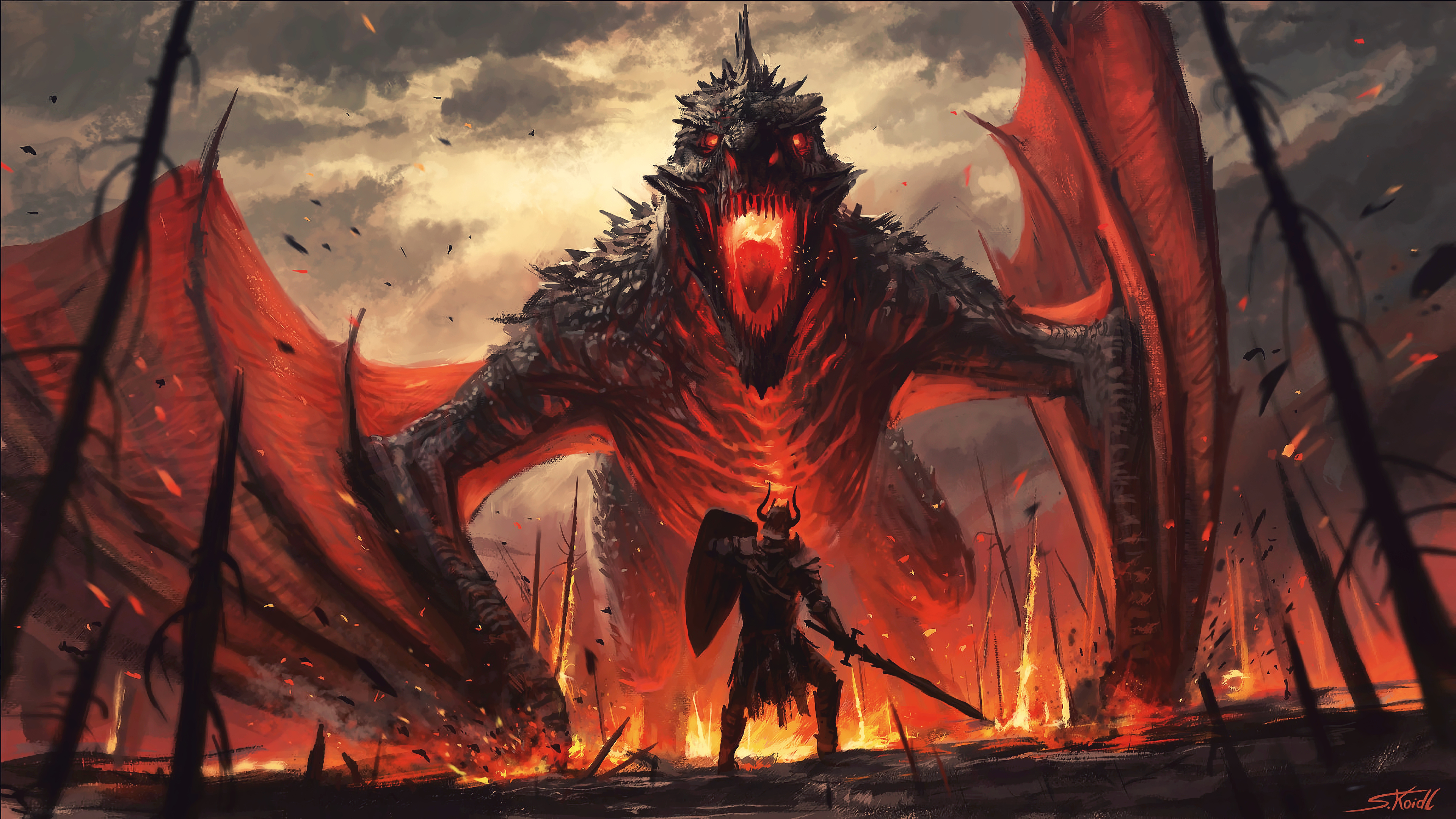 Fantasy Art Fan Art Artwork Digital Art Concept Art Creature Warrior Dragon Fire Giant Stefan Koidl  3840x2160