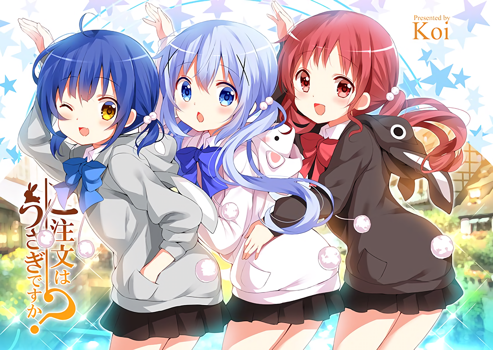 Gochuumon Wa Usagi Desu Ka Anime Anime Girls Kafuu Chino Natsu Megumi Jouga Maya Artwork Skirt Blue  1700x1206