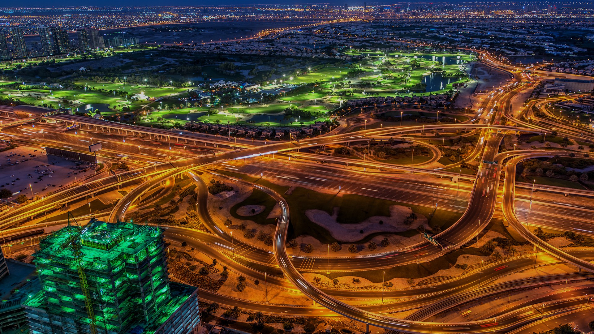 Landscape City Skyscraper Cityscape Road Highway Car Trees Night Lights Traffic Lights Long Exposure 1920x1080