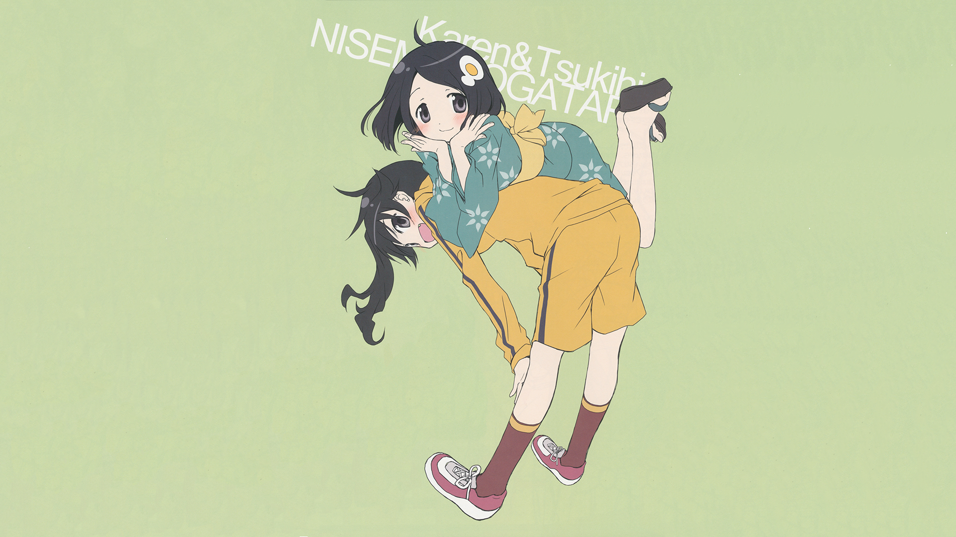 Anime Anime Girls Monogatari Series Simple Background Araragi Karen Araragi Tsukihi Kimono Text Blus 1920x1080