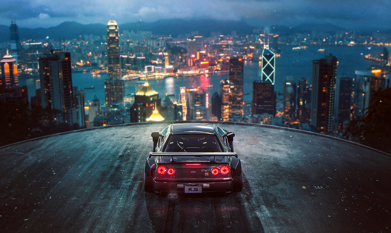 3D Render Car City Khyzyl Saleem Nissan GTR Hong Kong Nissan Skyline GT R R34 Rear View High Angle 1600x954